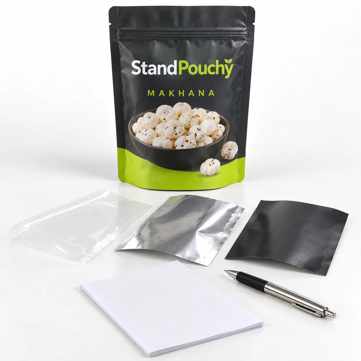 StandPouchy makhana pouch with film swatches and an unprinted sample record on a white review surface