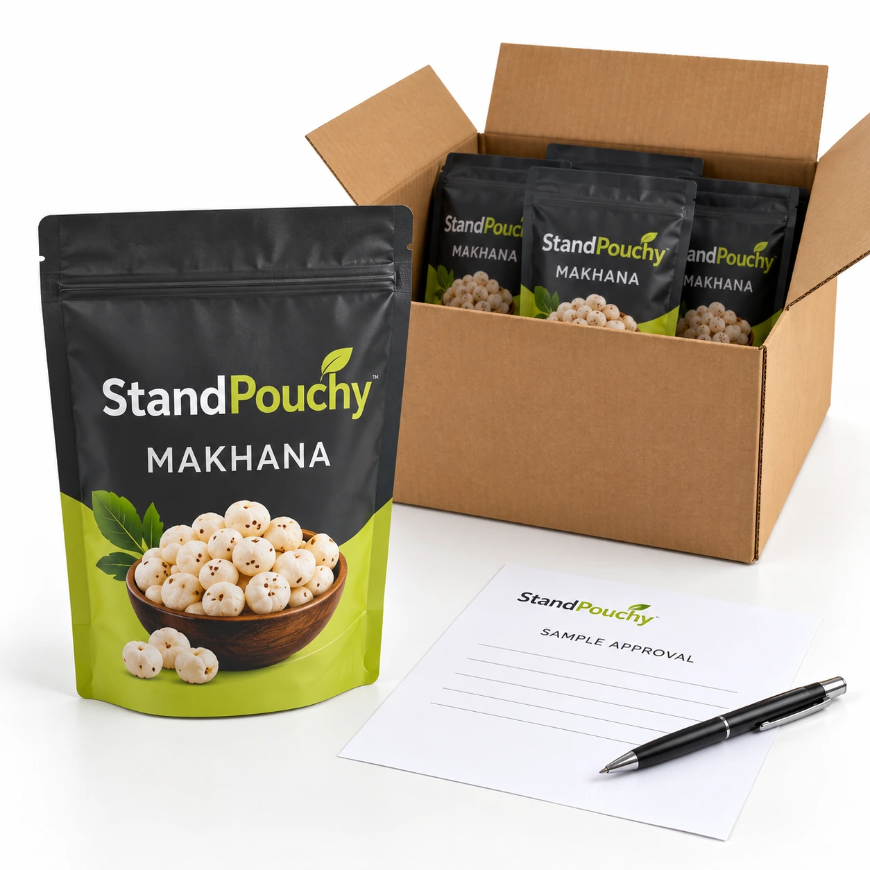 Filled StandPouchy makhana pouch beside an open corrugated case and sample approval sheet