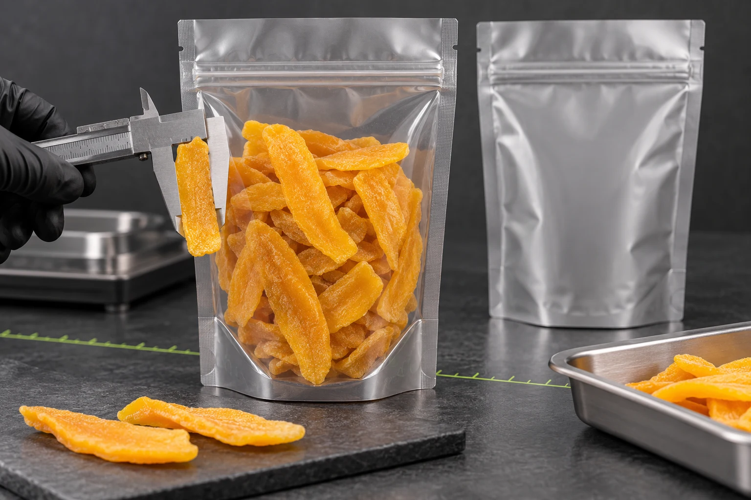 Packaging specialist reviewing filled dried fruit pouch height and seal clearance