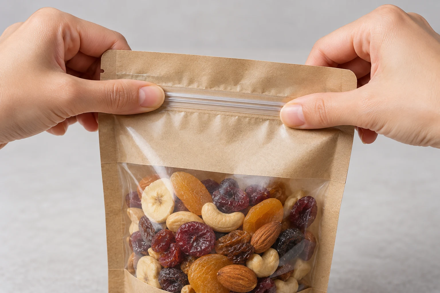 Filled conventional dried fruit stand up pouch reviewed for shipping and display