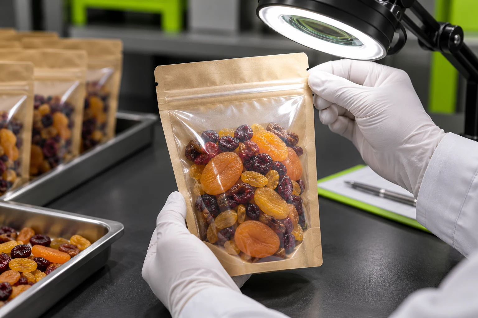 Close quality inspection of a conventional dried fruit pouch zipper and clean top seal
