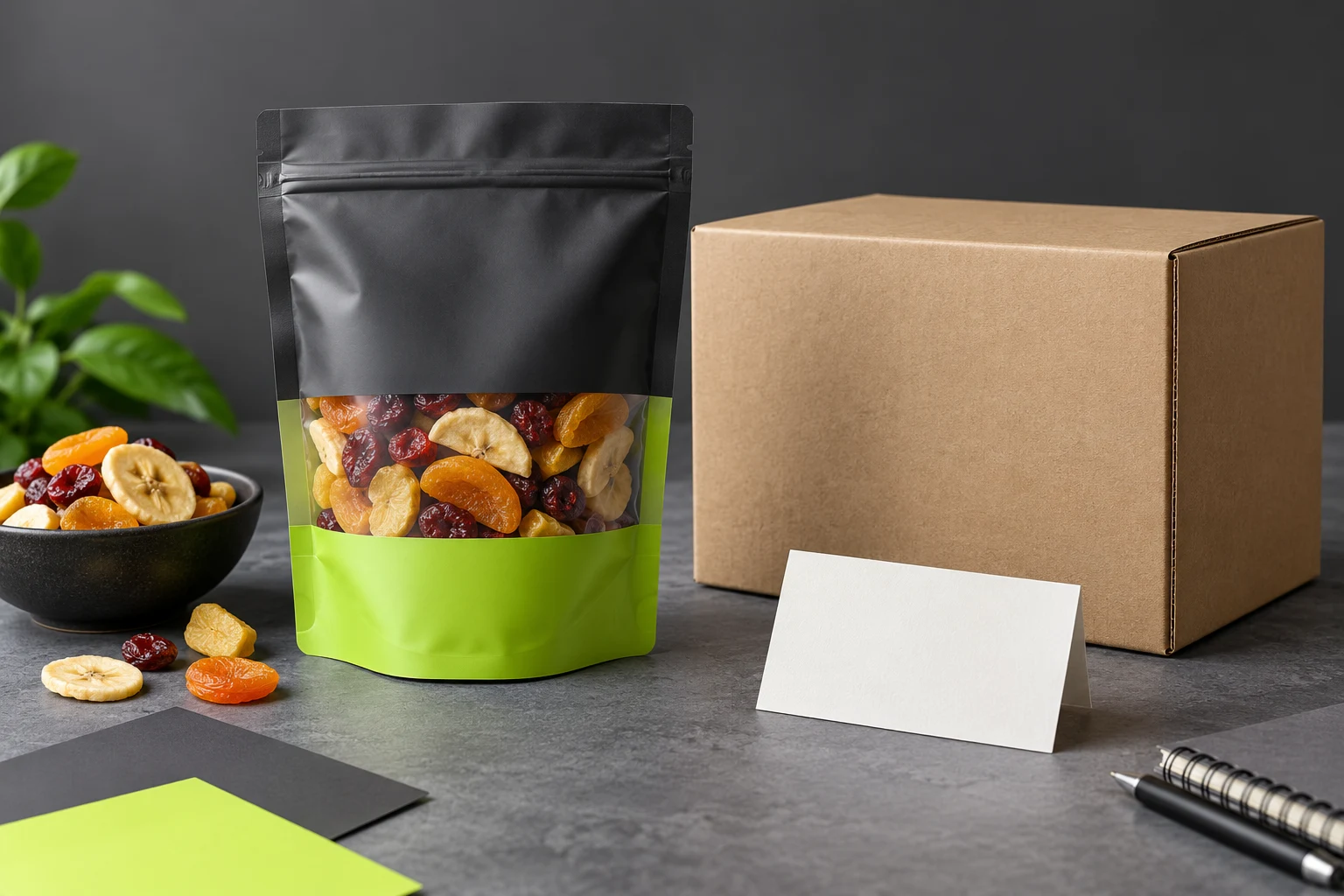 Filled dried fruit pouch beside carton and controlled sample approval checklist