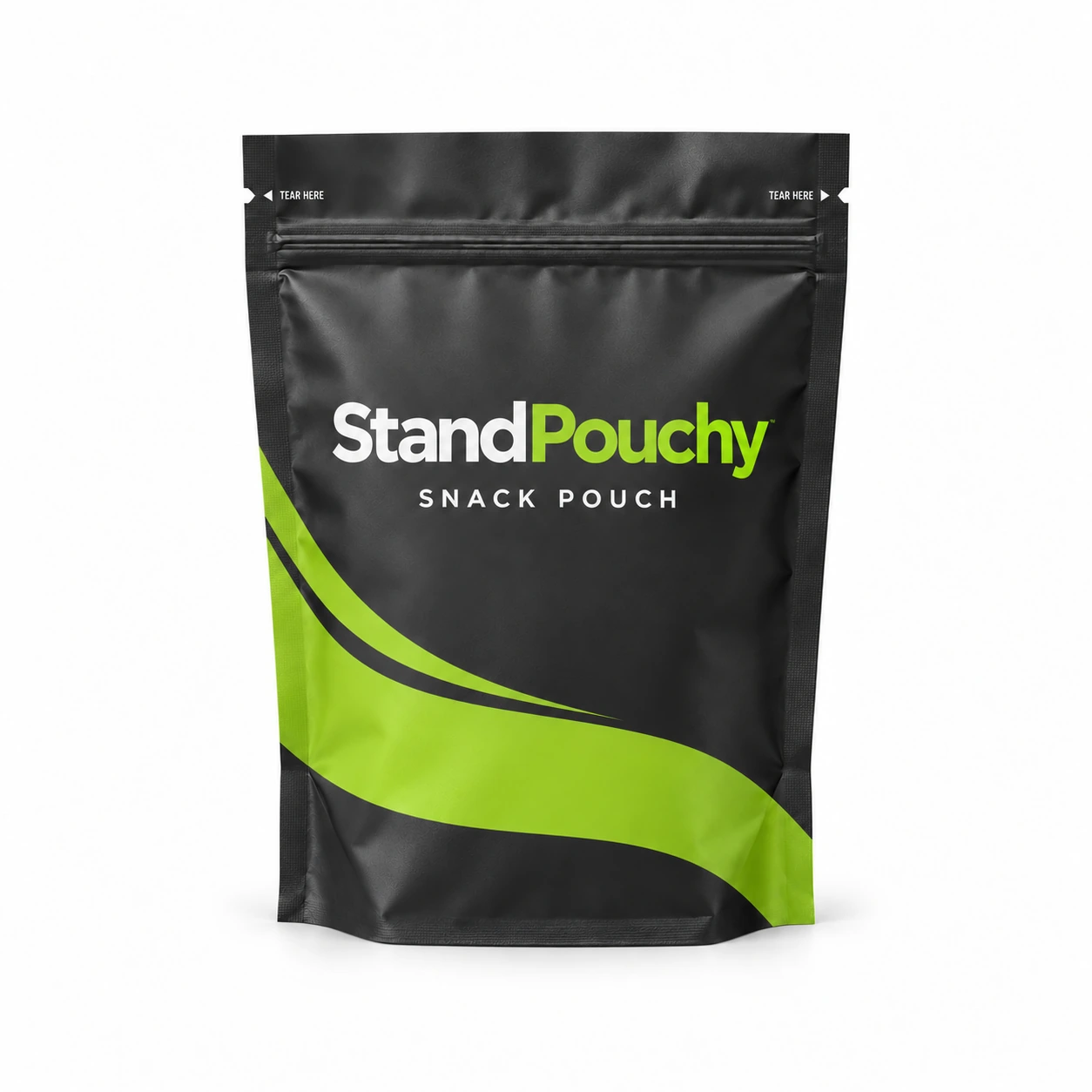 Conventional charcoal and lime StandPouchy snack pouch with a visible tear notch centered on white