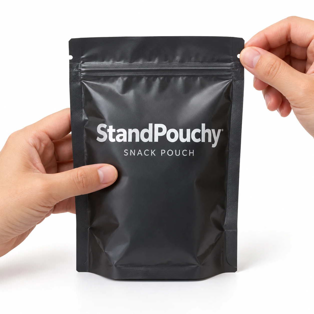 Hands locating the tear notch on a conventional StandPouchy snack pouch above its zipper