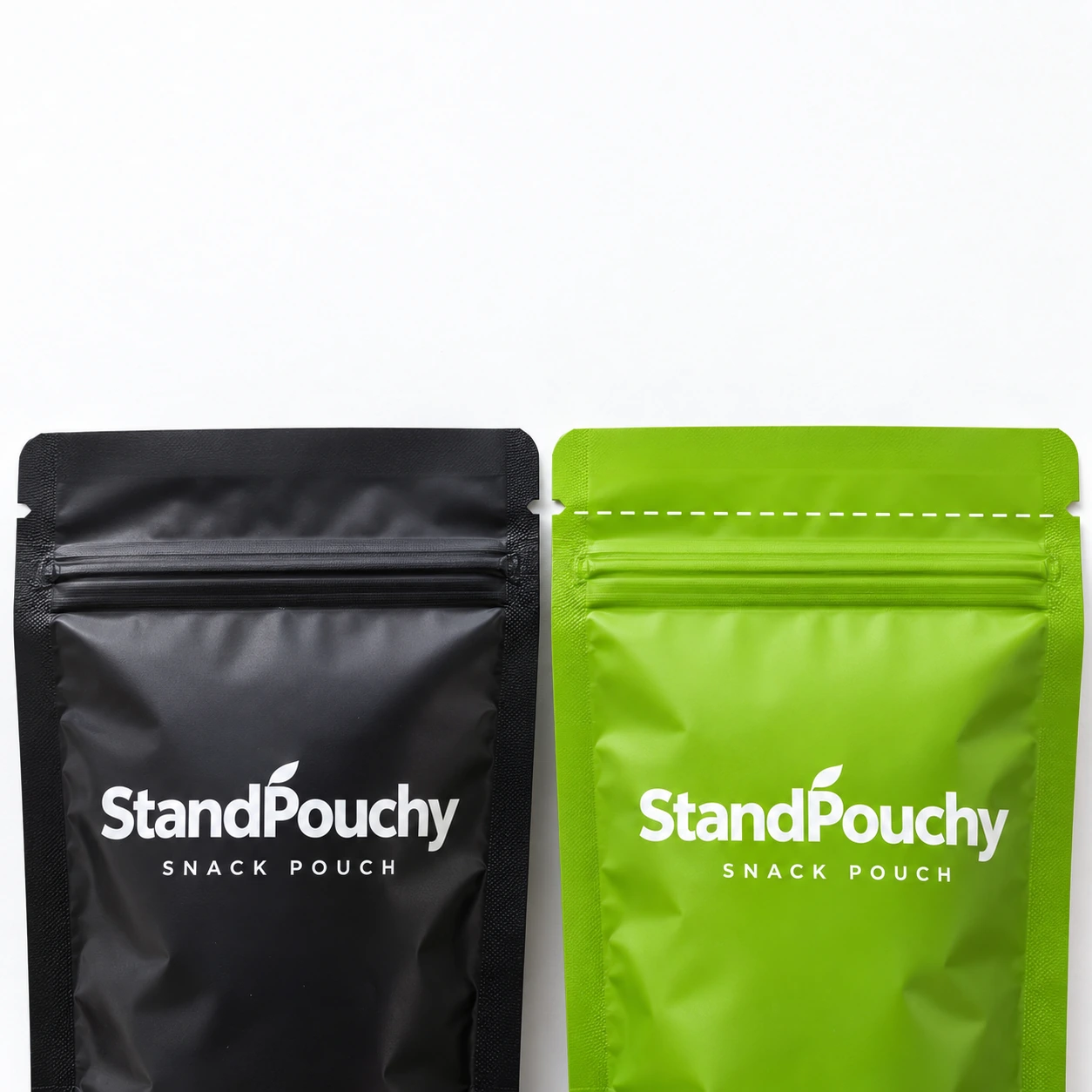 Charcoal and lime StandPouchy pouch headers with a printed tear-path planning line above the zipper on white