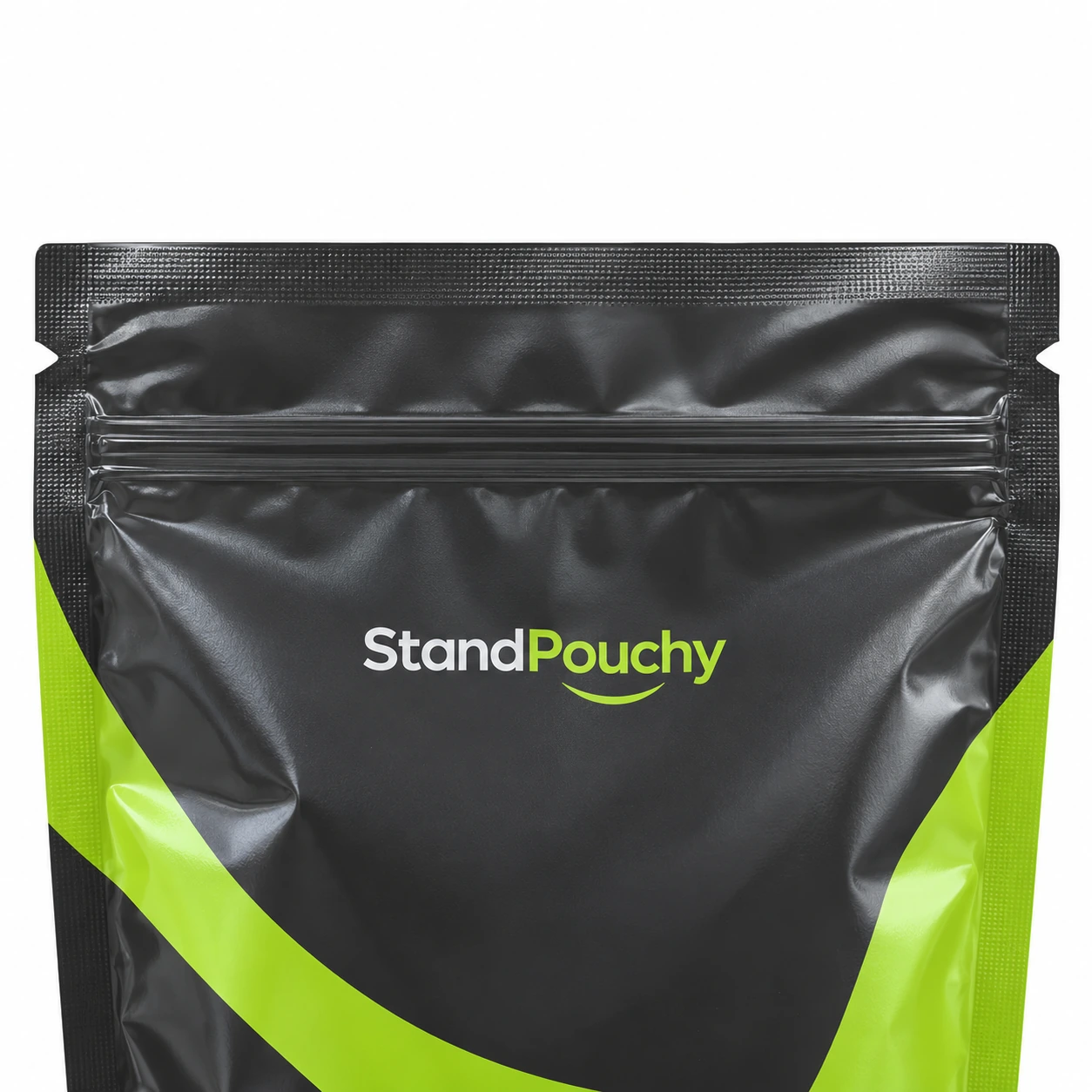 Close view of a conventional snack pouch header with side notch, top seal and zipper below the tear area