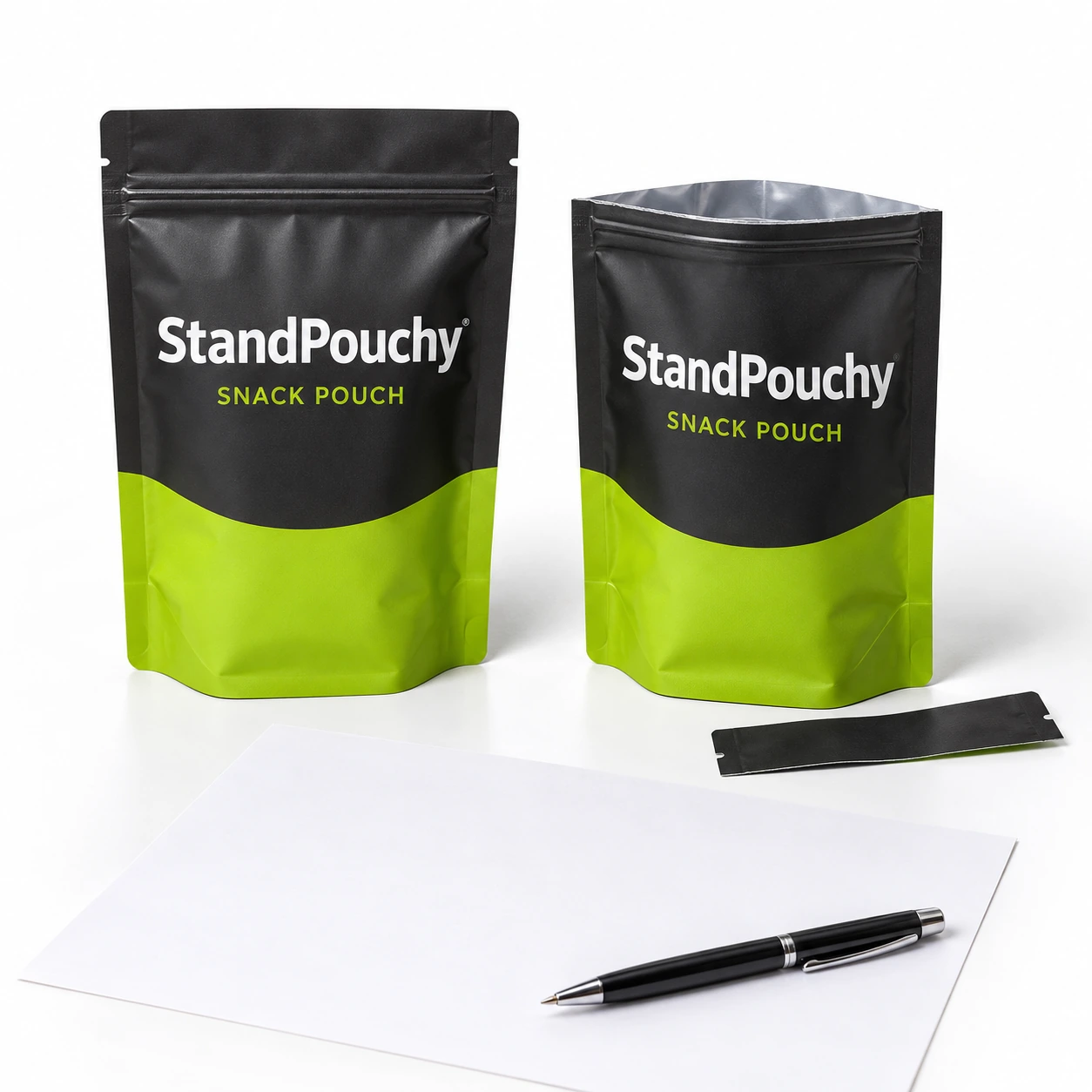 Opened and intact StandPouchy snack pouch samples beside a blank review sheet and pen on white