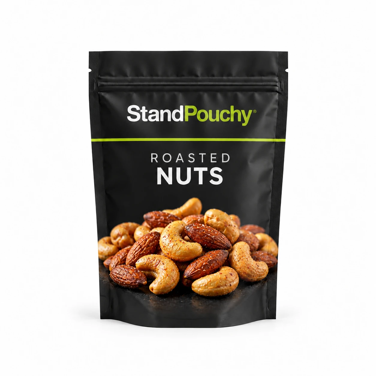 Charcoal and lime StandPouchy snack pouch with matte and gloss surfaces centered on white