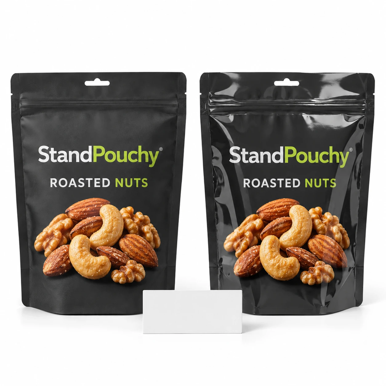 Matching matte and gloss charcoal snack pouches beside a blank comparison card on white