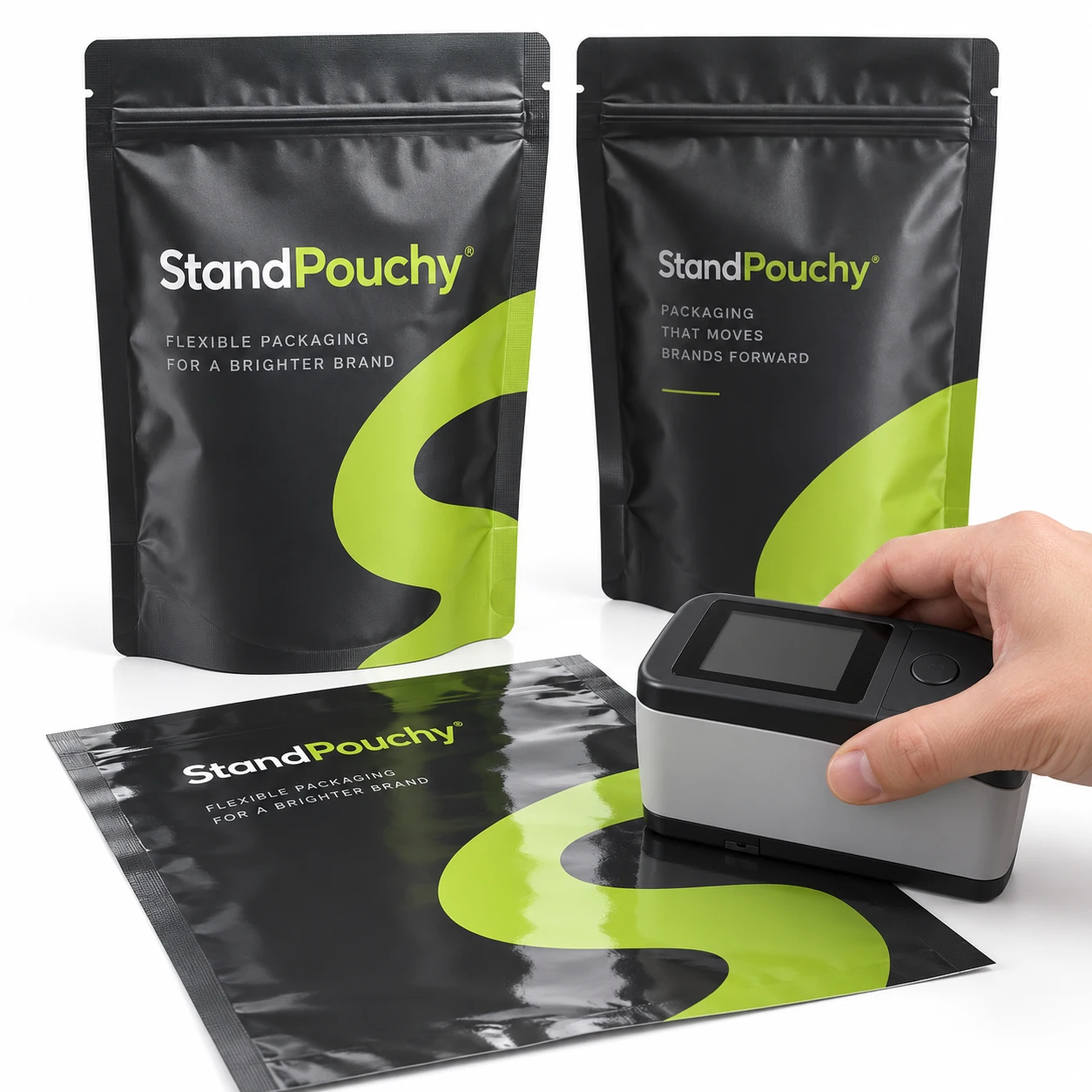 Gloss meter examining a flat charcoal printed film swatch beside a StandPouchy pouch with its screen hidden