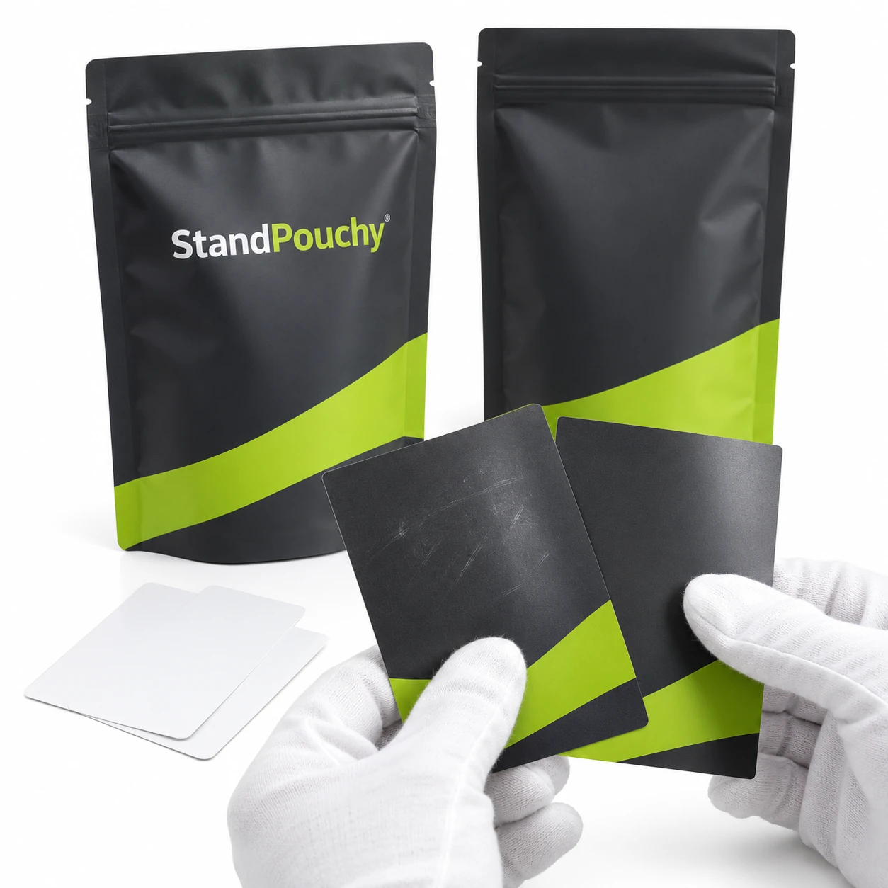 Gloved hands examining rubbed charcoal film swatches beside a pouch and blank sample cards
