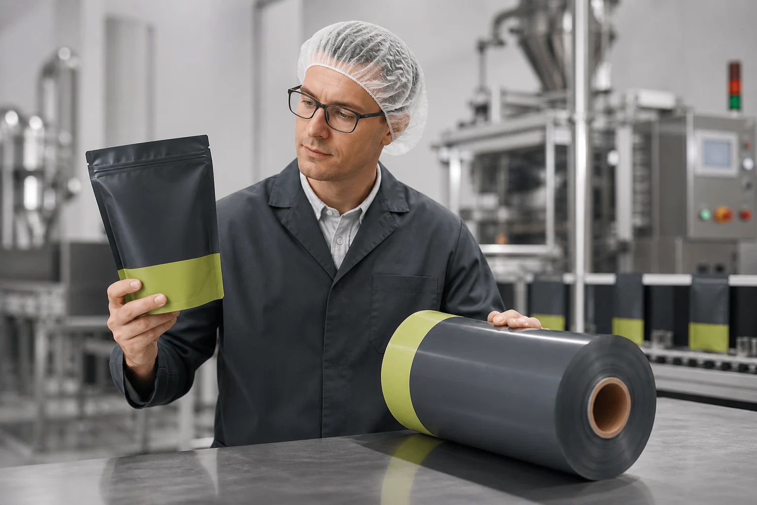 Packaging specialist reviewing filled snacks pouch height and seal clearance
