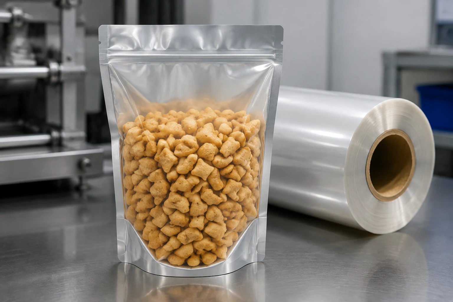 Filled conventional snacks stand up pouch reviewed for shipping and display
