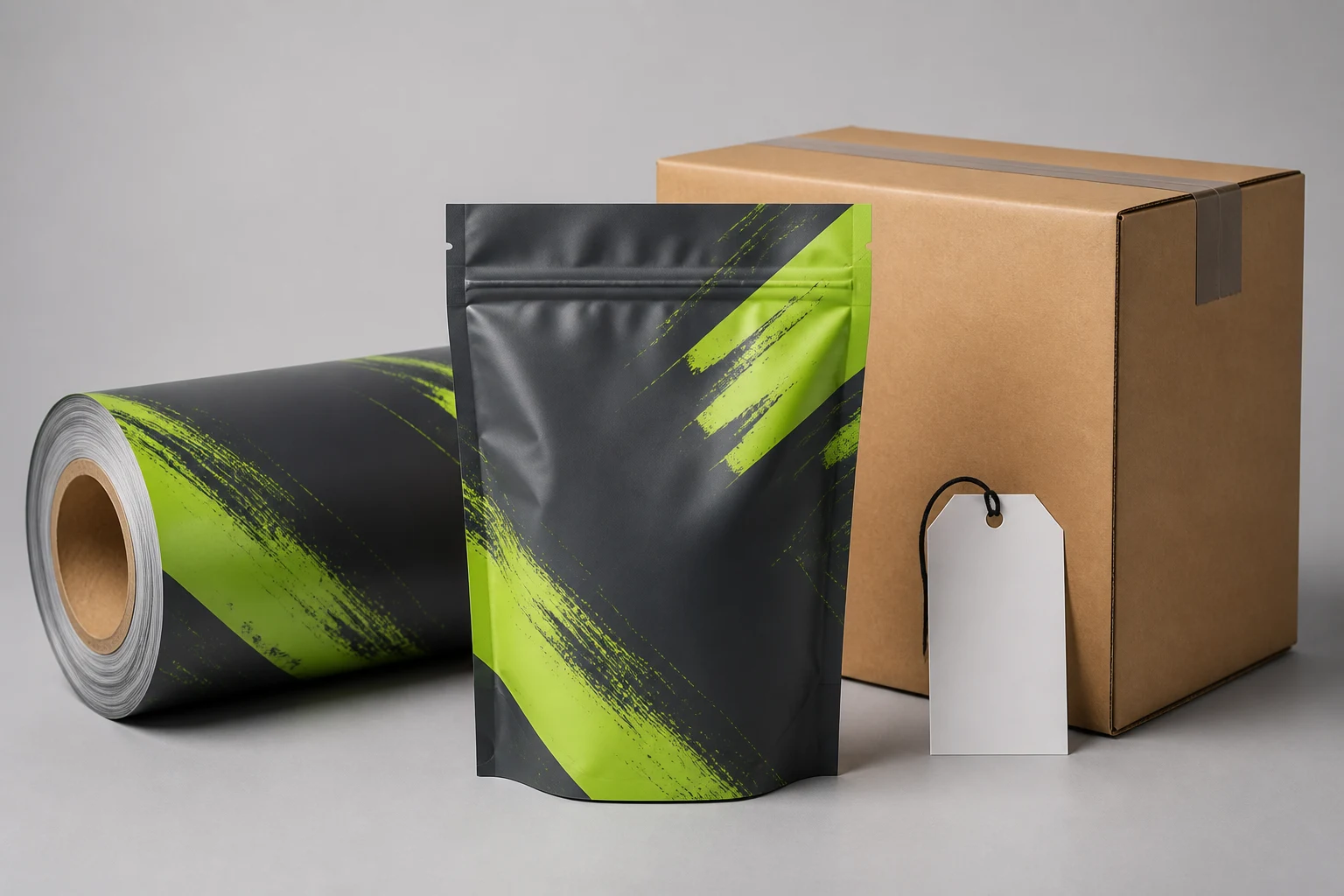 Filled snacks pouch beside carton and controlled sample approval checklist