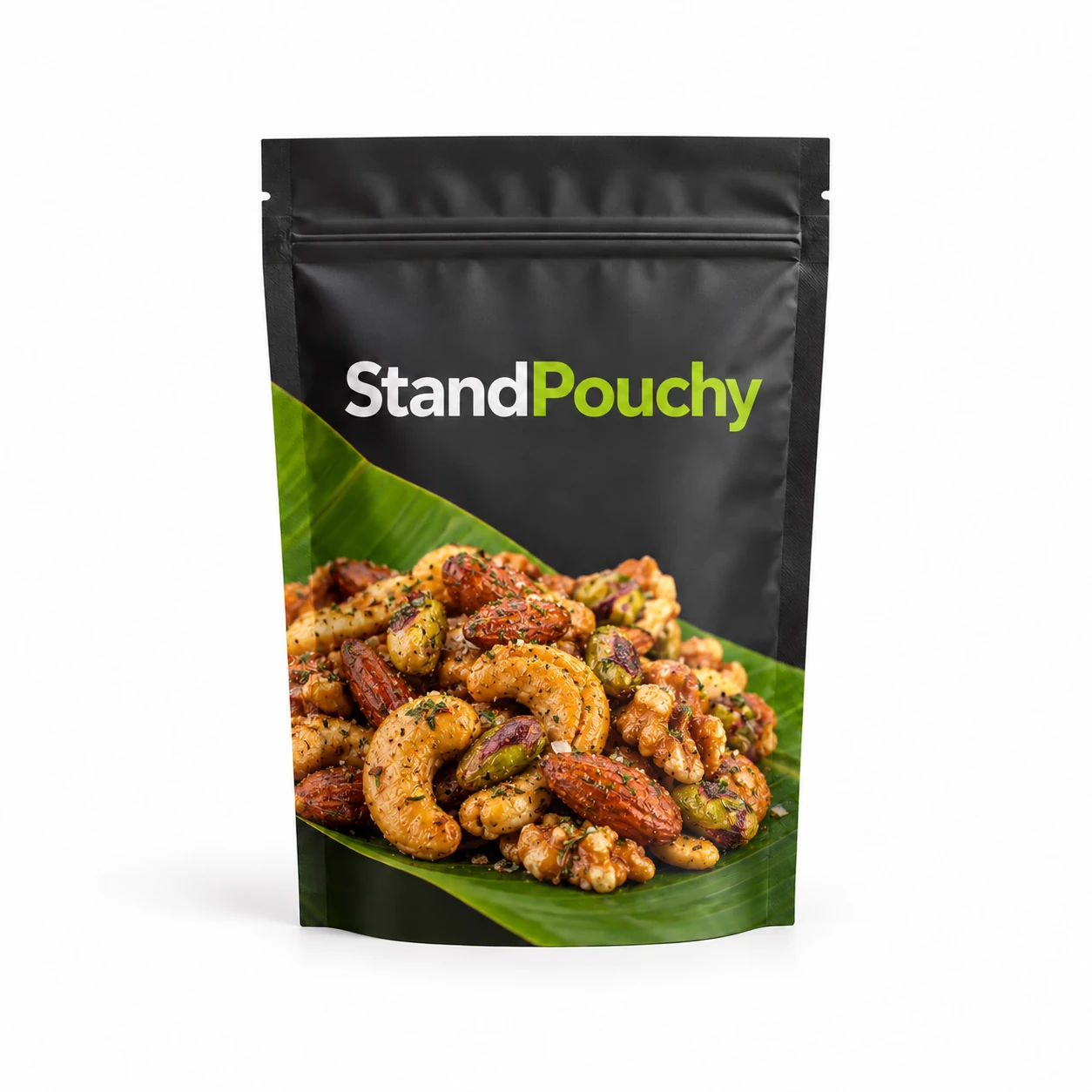 Charcoal and lime StandPouchy roasted snack pouch centered on seamless white