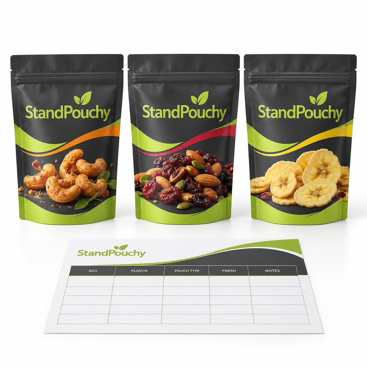 Three coordinated snack pouch variants beside a blank version matrix on a white surface