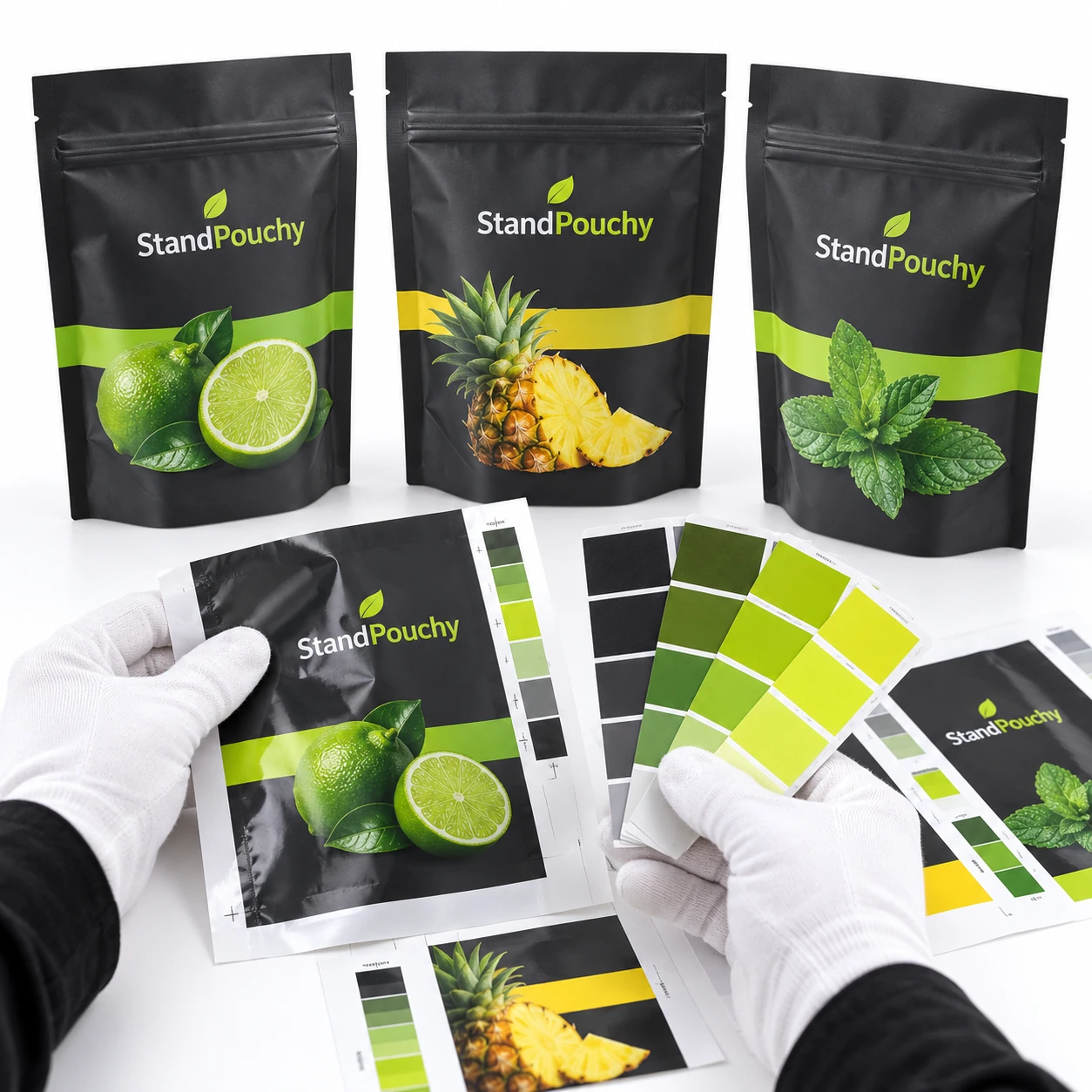 Gloved hands comparing printed proof swatches with three coordinated flavor pouch variants