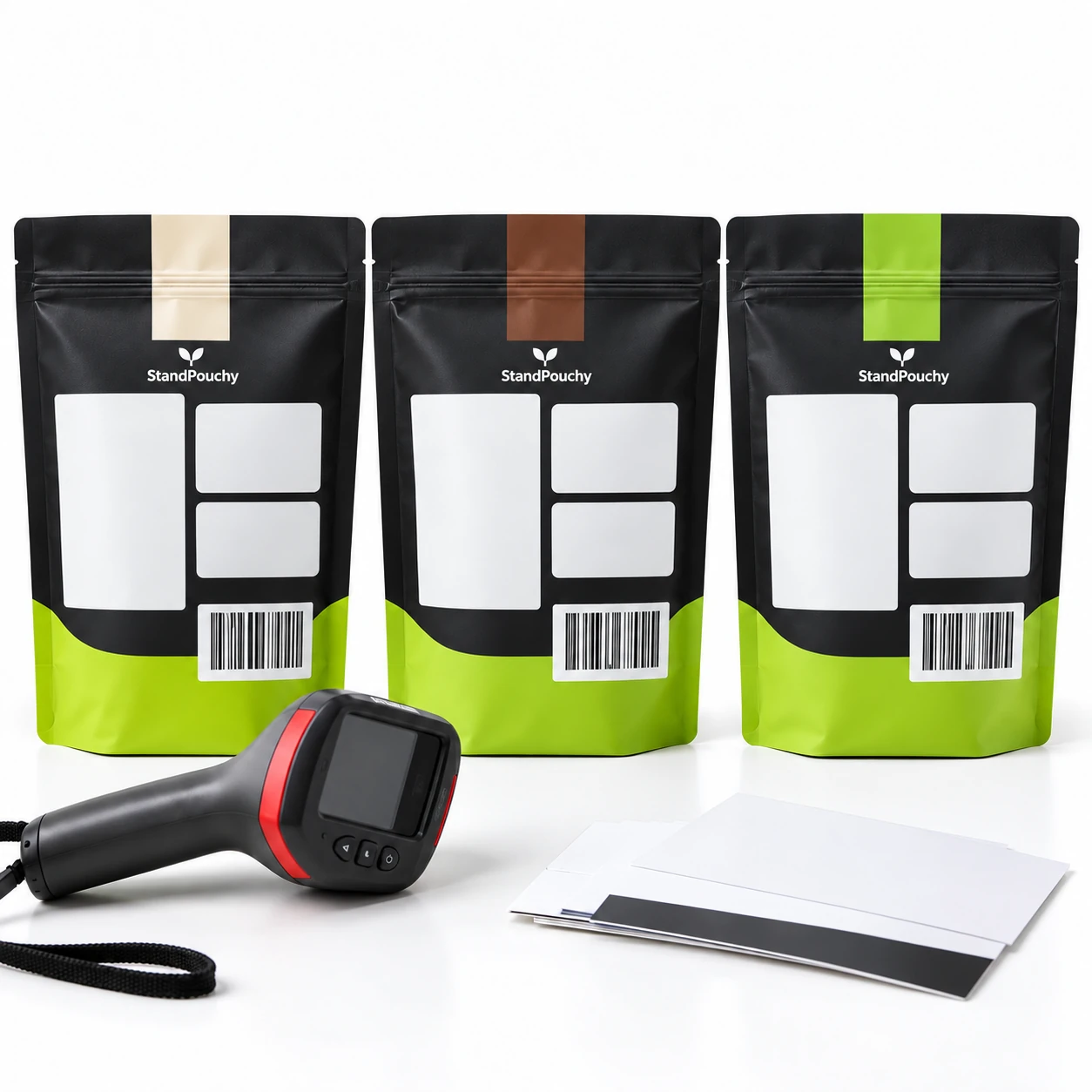 Back-facing flavor pouch samples beside a barcode verifier and proof cards without a grading readout