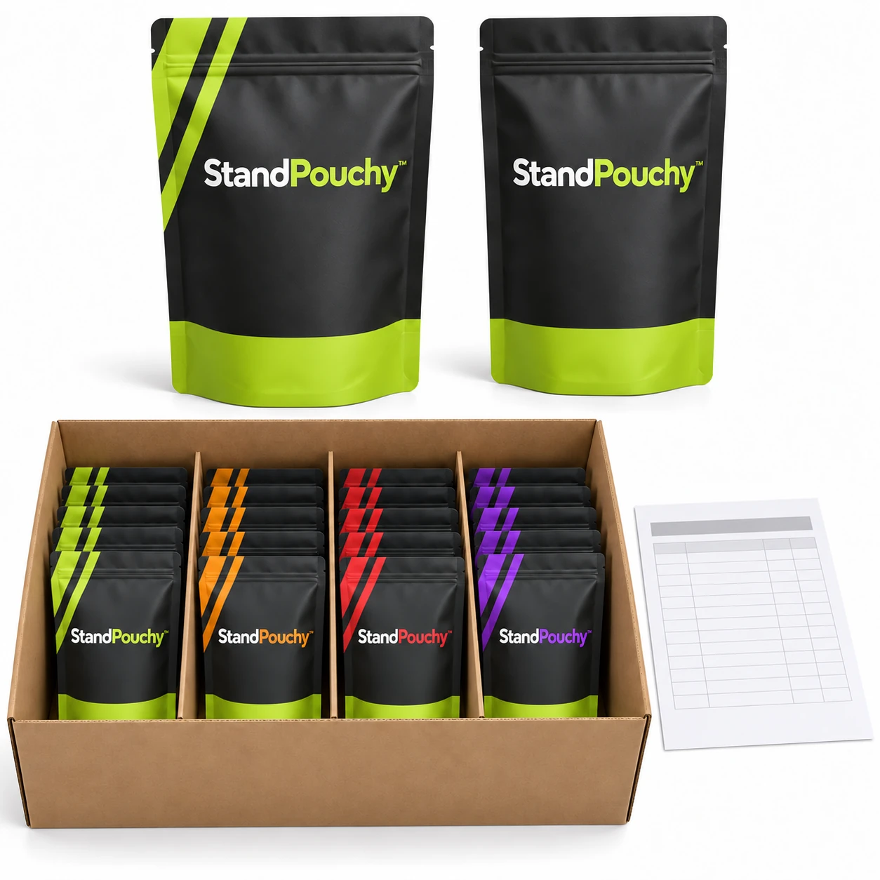Different flavor pouch variants separated in carton compartments beside a blank packing sheet