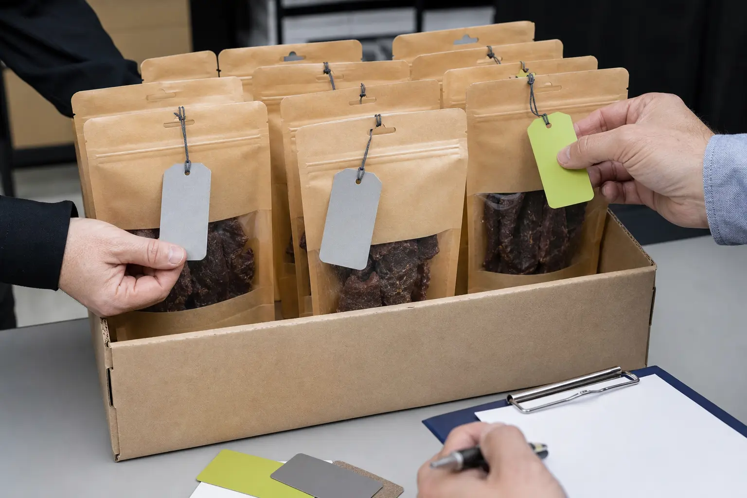 Filled beef jerky stand up pouches reviewed in a shipping case