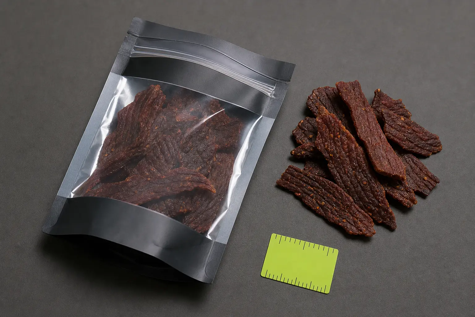 Front and back views of conventional beef jerky stand up pouches for zipper planning
