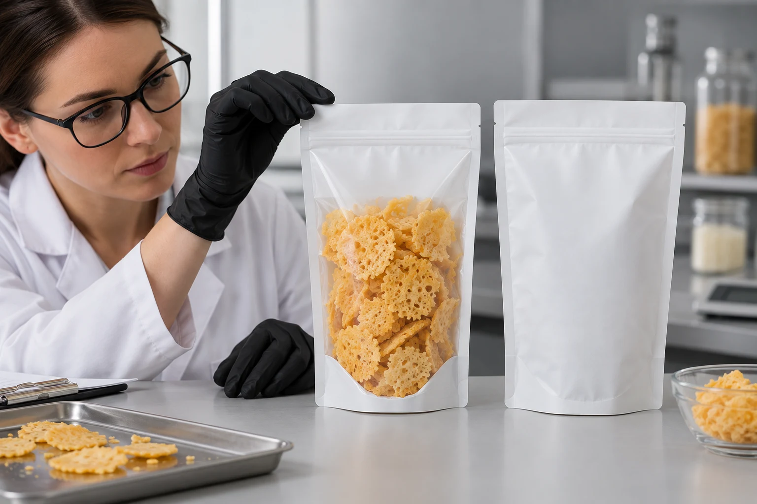 Packaging specialist reviewing filled cheese crisps pouch height and seal clearance