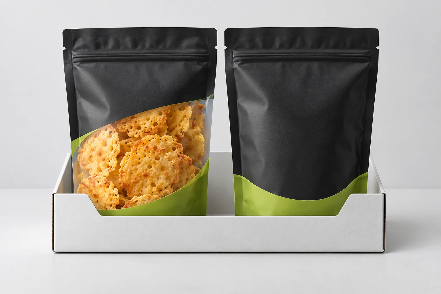 Filled conventional cheese crisps stand up pouch reviewed for shipping and display