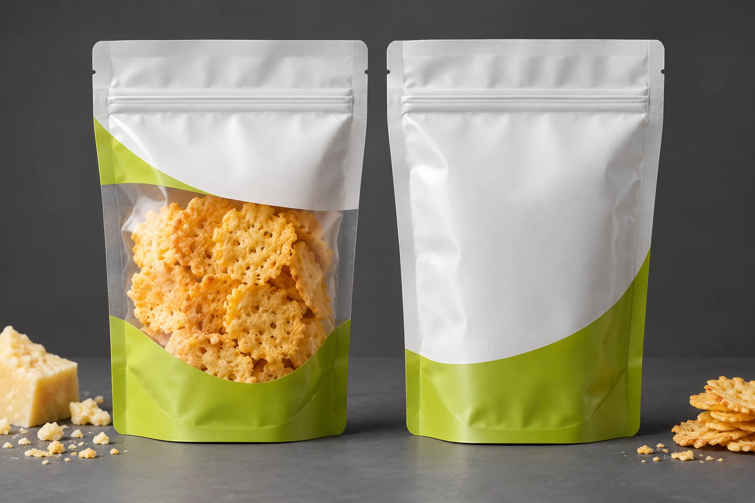 Close quality inspection of a conventional cheese crisps pouch zipper and clean top seal