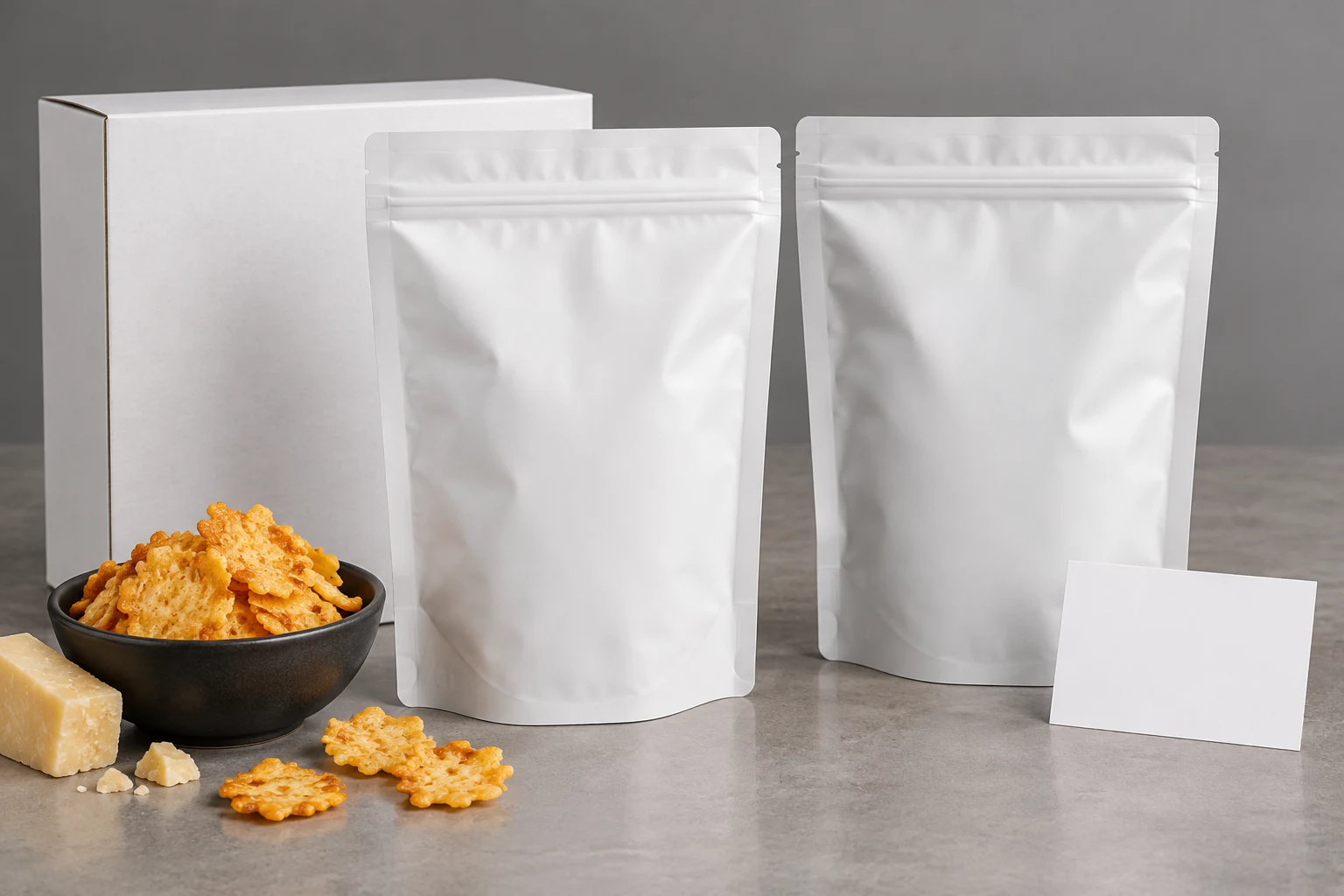 Filled cheese crisps pouch beside carton and controlled sample approval checklist