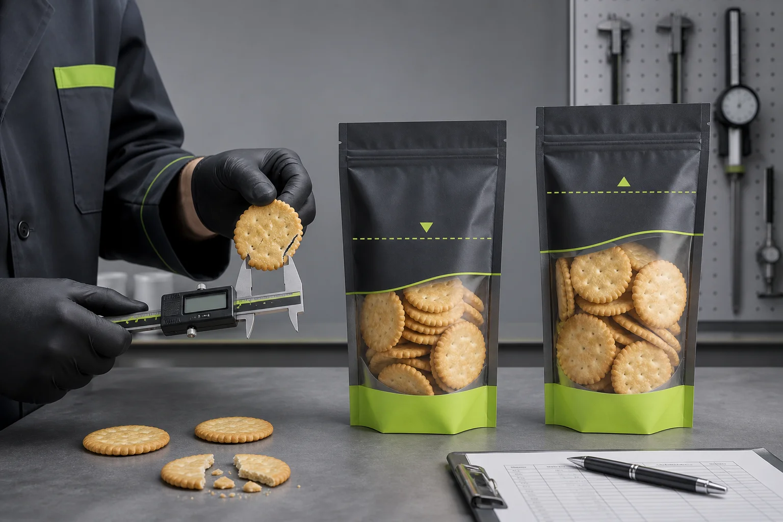Packaging specialist reviewing filled crackers pouch height and seal clearance