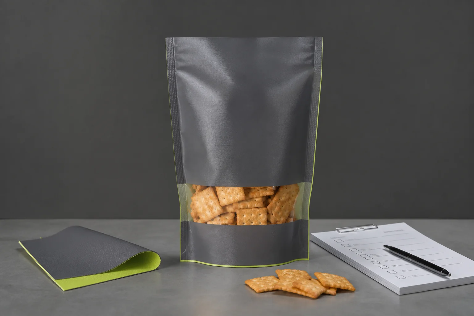 Filled crackers pouch beside carton and controlled sample approval checklist