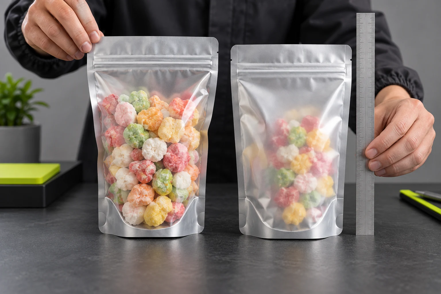 Packaging specialist reviewing filled freeze-dried candy pouch height and seal clearance