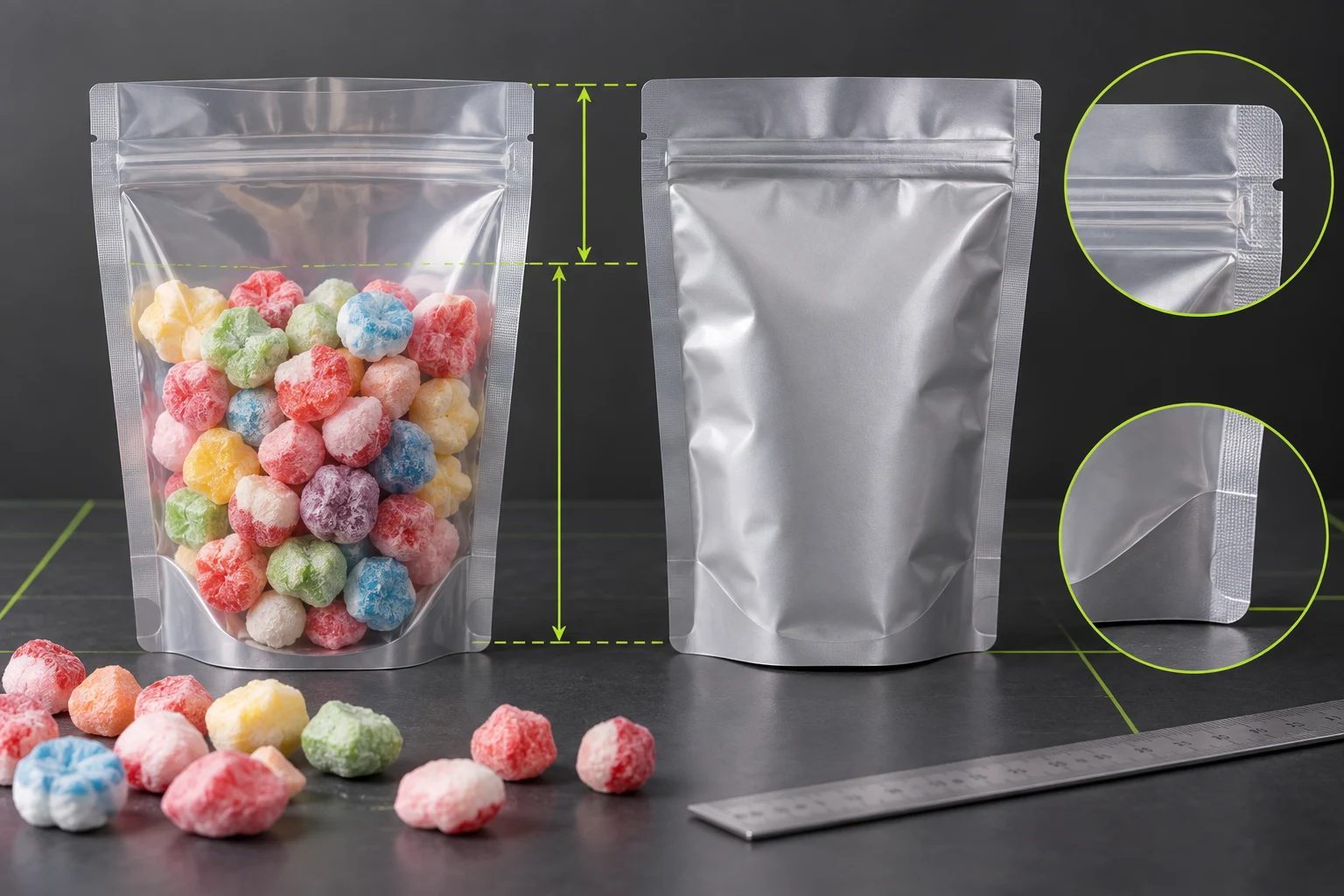Filled conventional freeze-dried candy stand up pouch reviewed for shipping and display