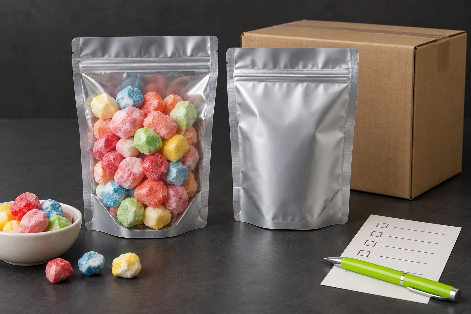 Close quality inspection of a conventional freeze-dried candy pouch zipper and clean top seal