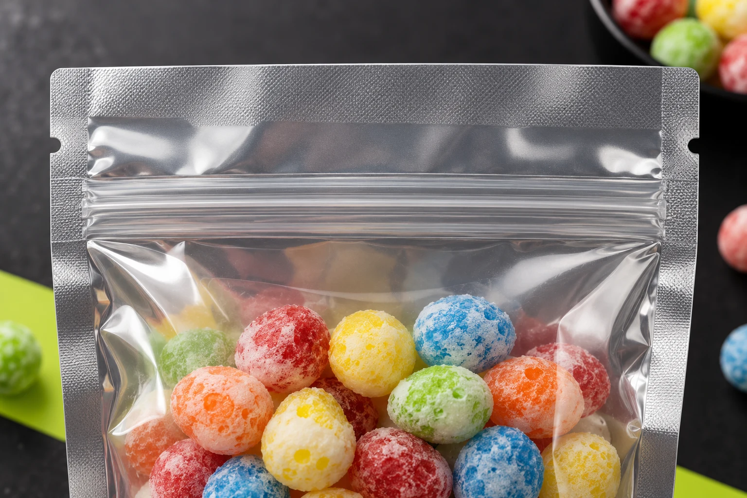 Filled freeze-dried candy pouch beside carton and controlled sample approval checklist