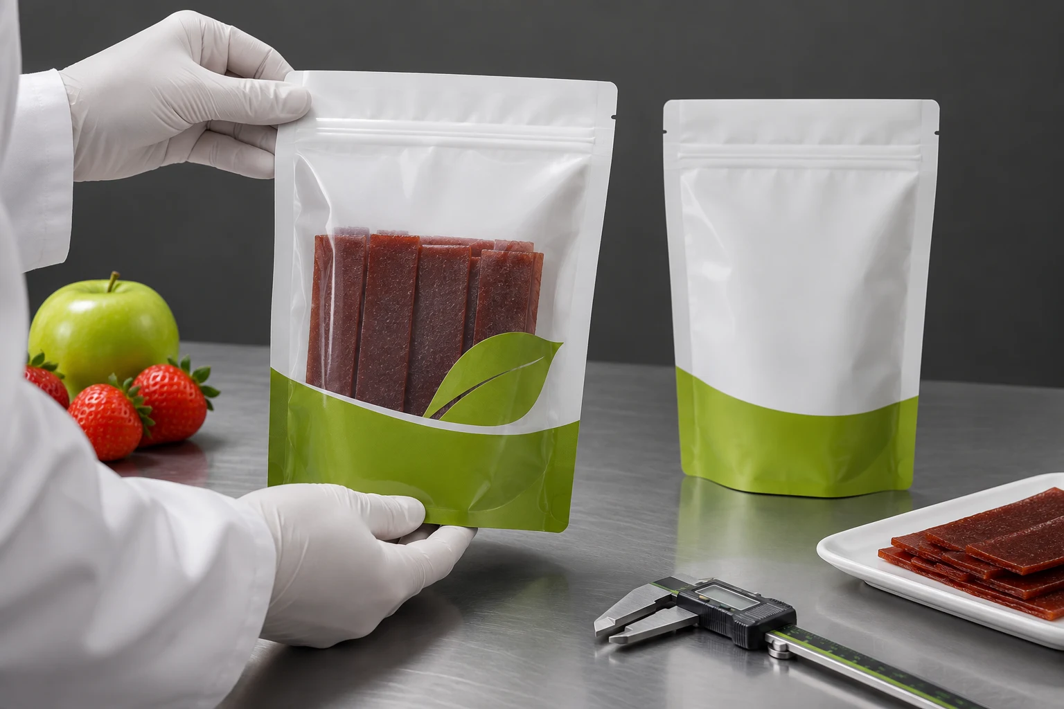 Packaging specialist reviewing filled fruit leather pouch height and seal clearance