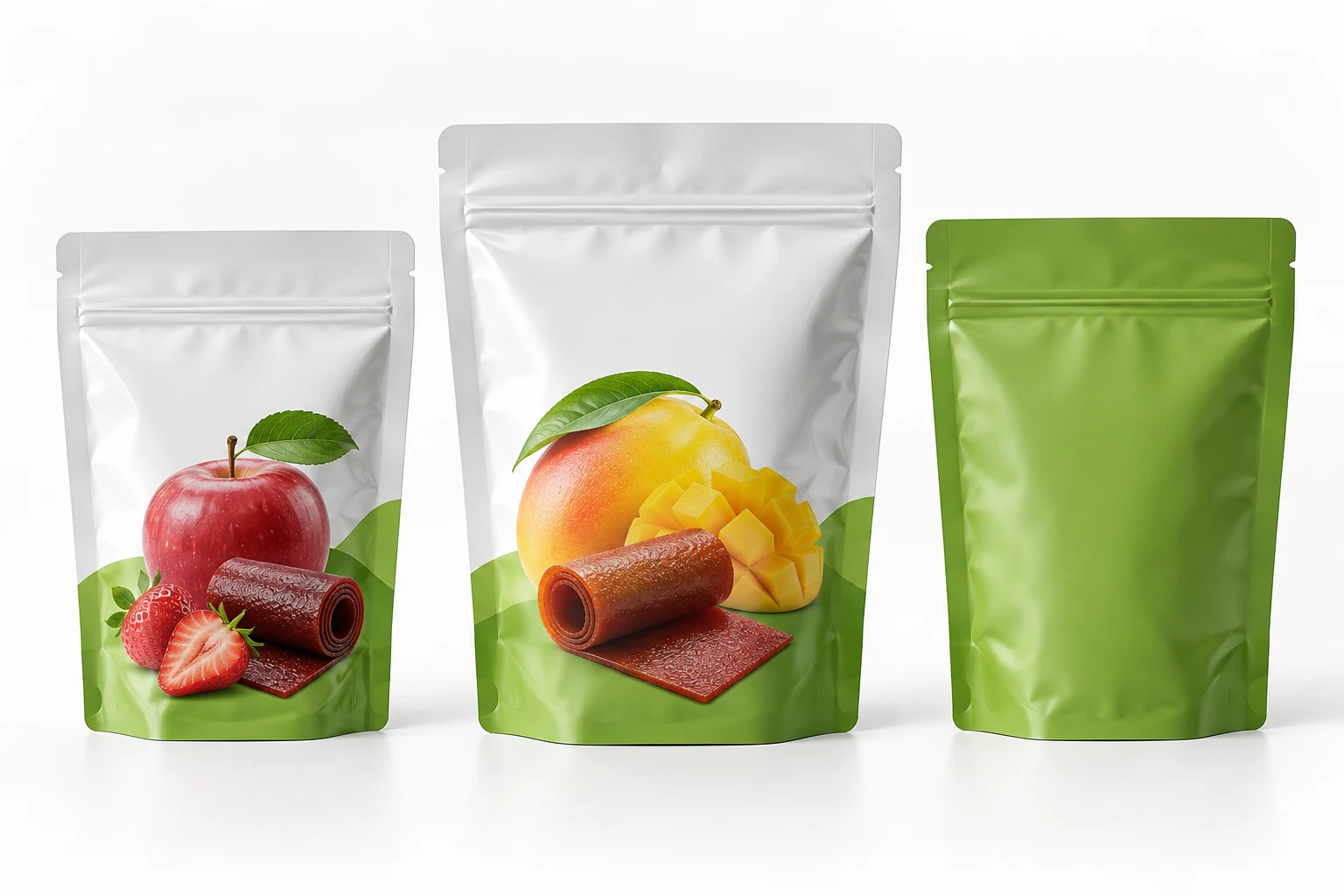 Filled conventional fruit leather stand up pouch reviewed for shipping and display