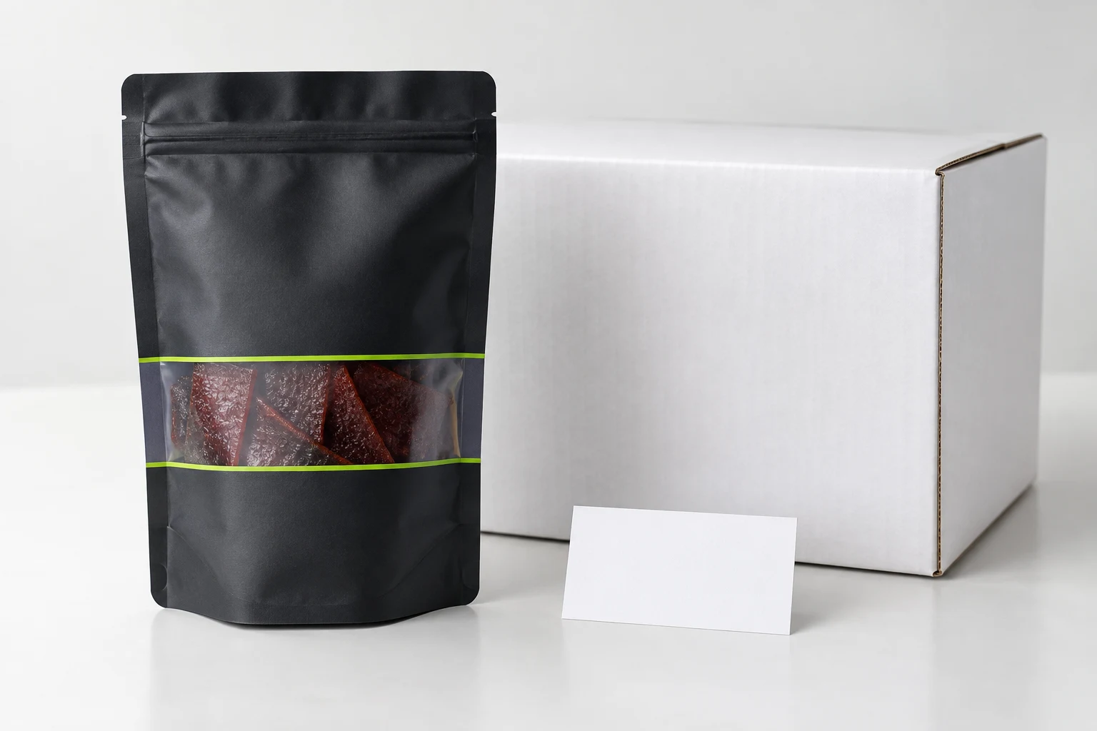 Filled fruit leather pouch beside carton and controlled sample approval checklist