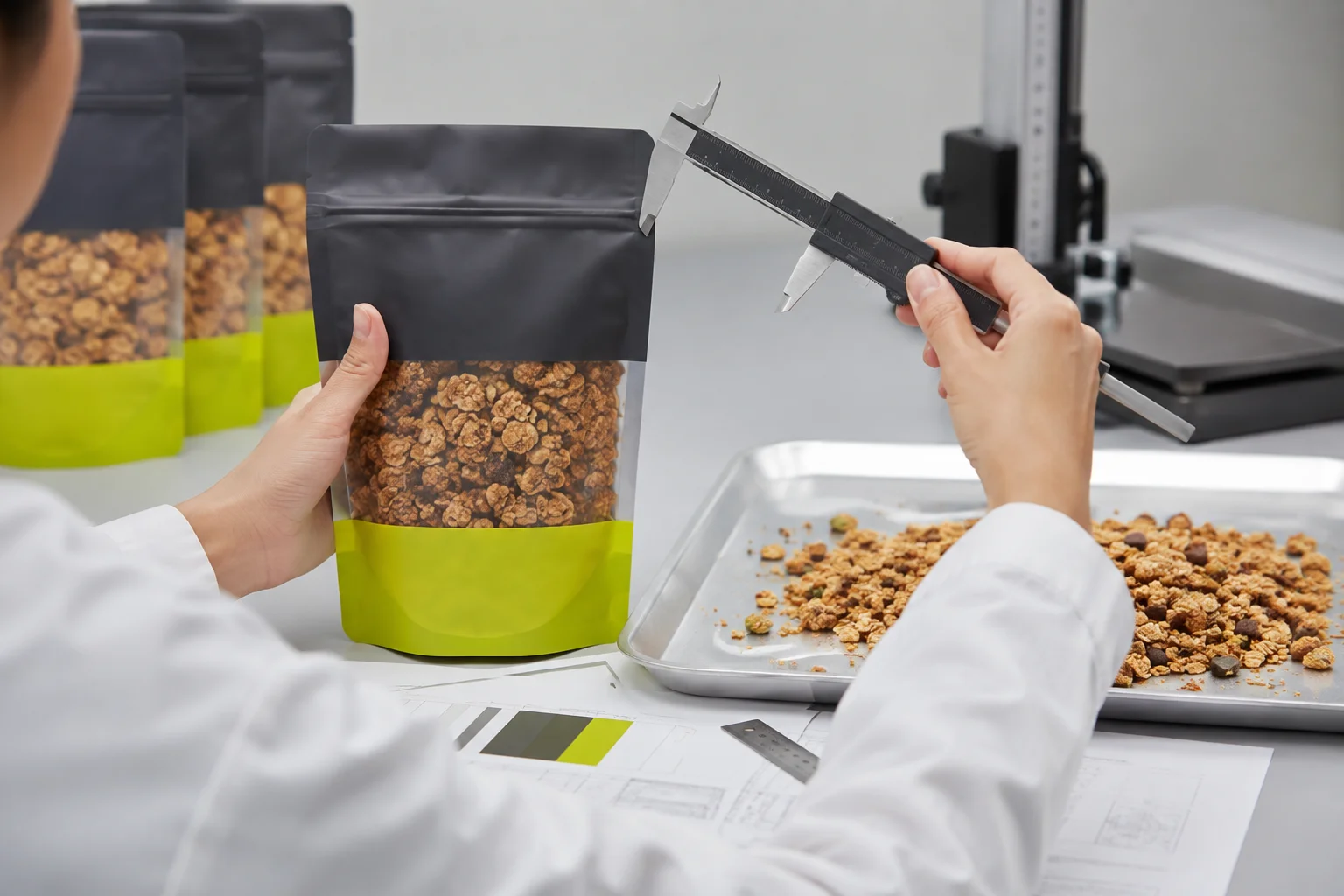 Packaging specialist reviewing filled granola clusters pouch height and seal clearance