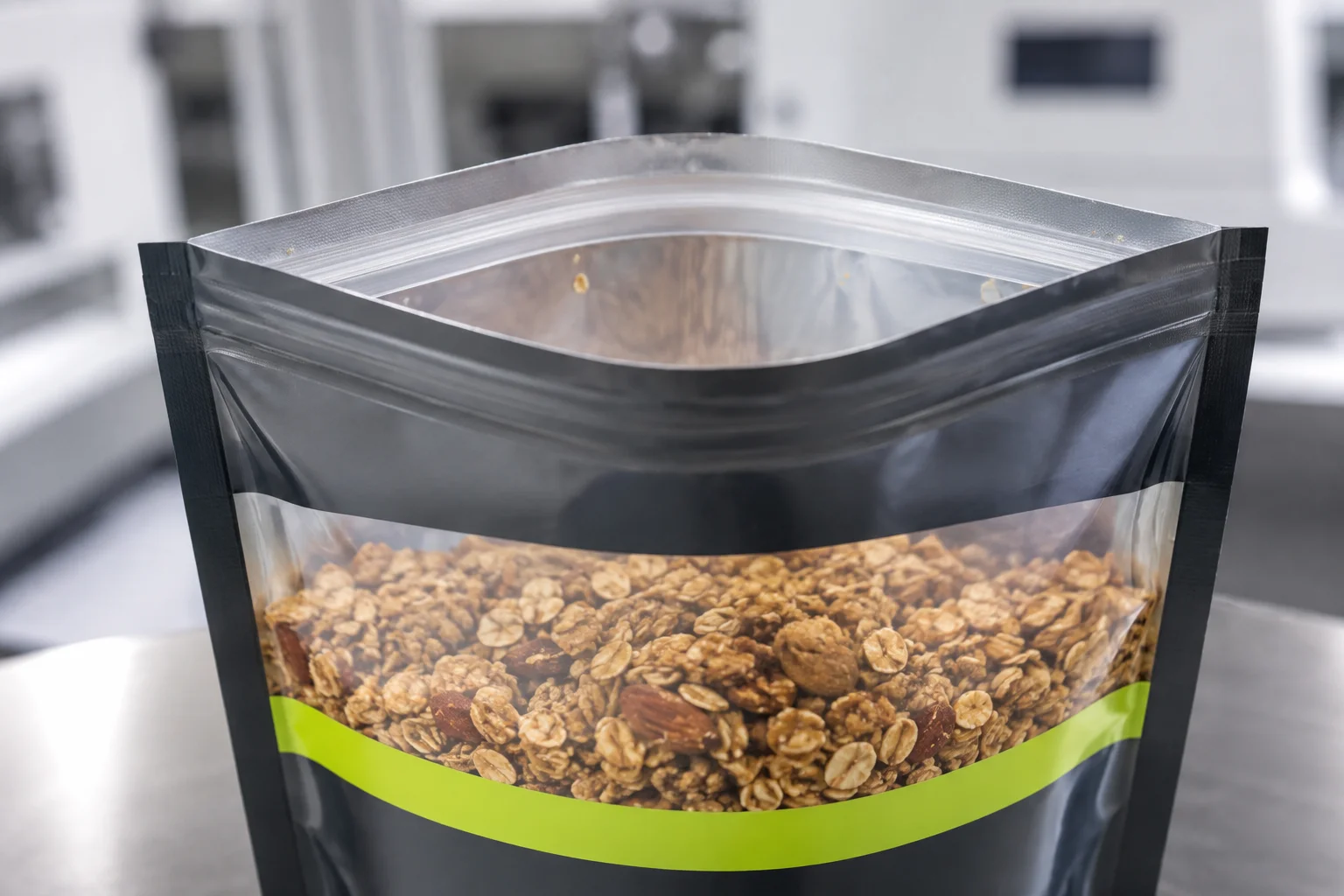 Filled conventional granola clusters stand up pouch reviewed for shipping and display