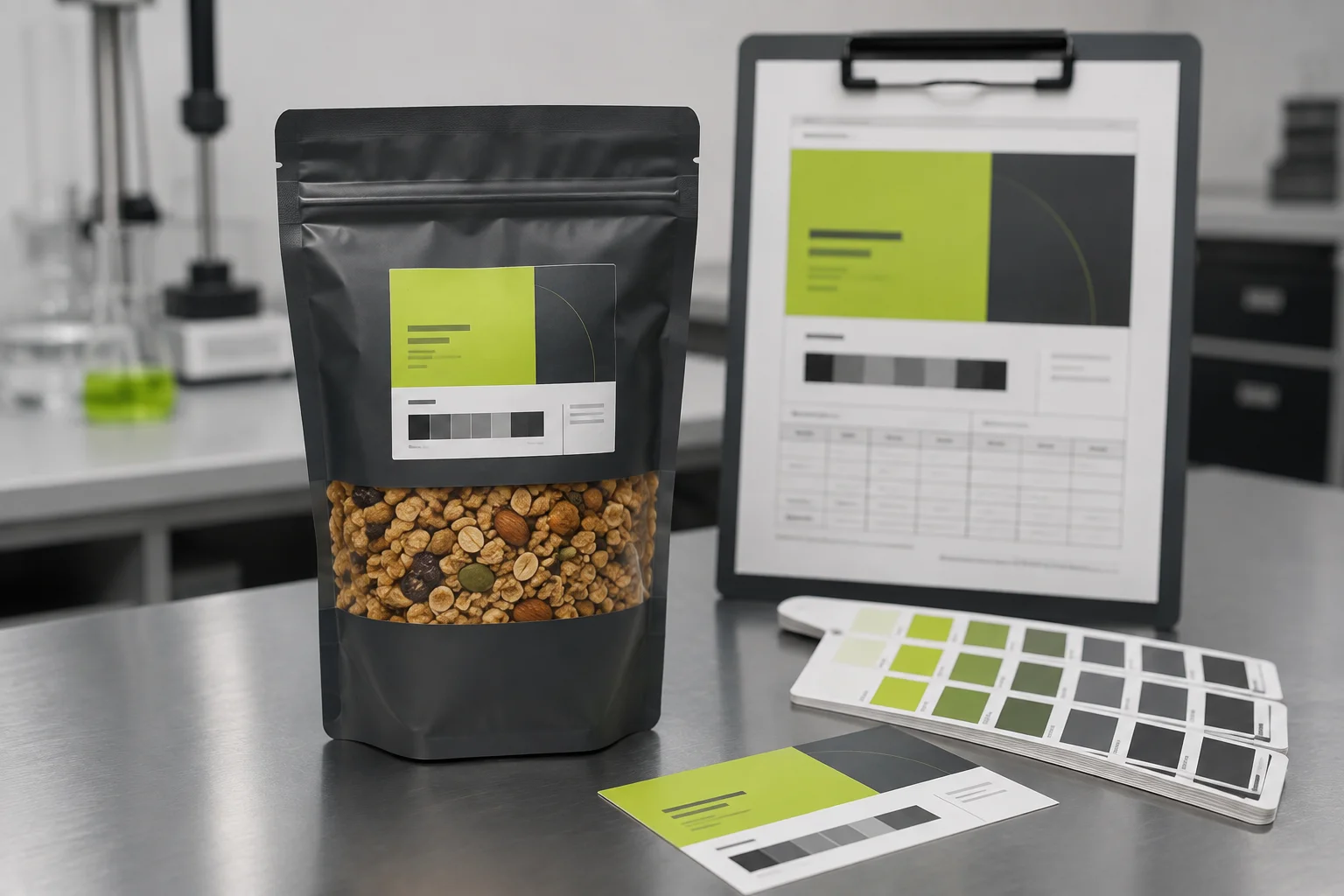 Filled granola clusters pouch beside carton and controlled sample approval checklist