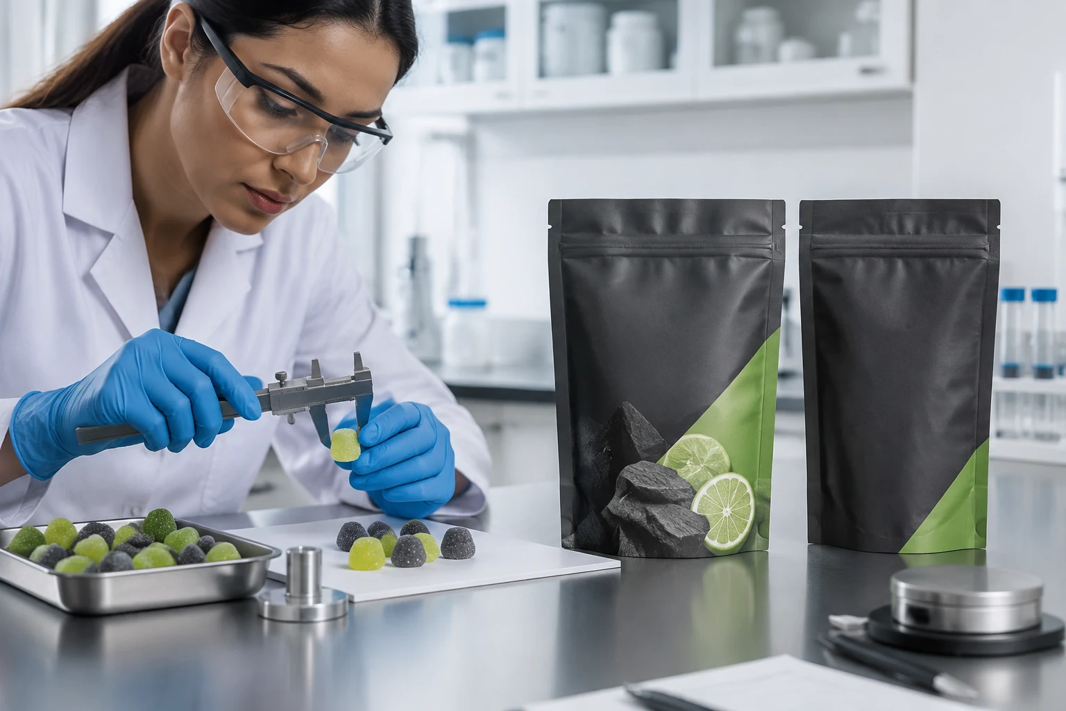 Packaging specialist reviewing filled gummy candy pouch height and seal clearance