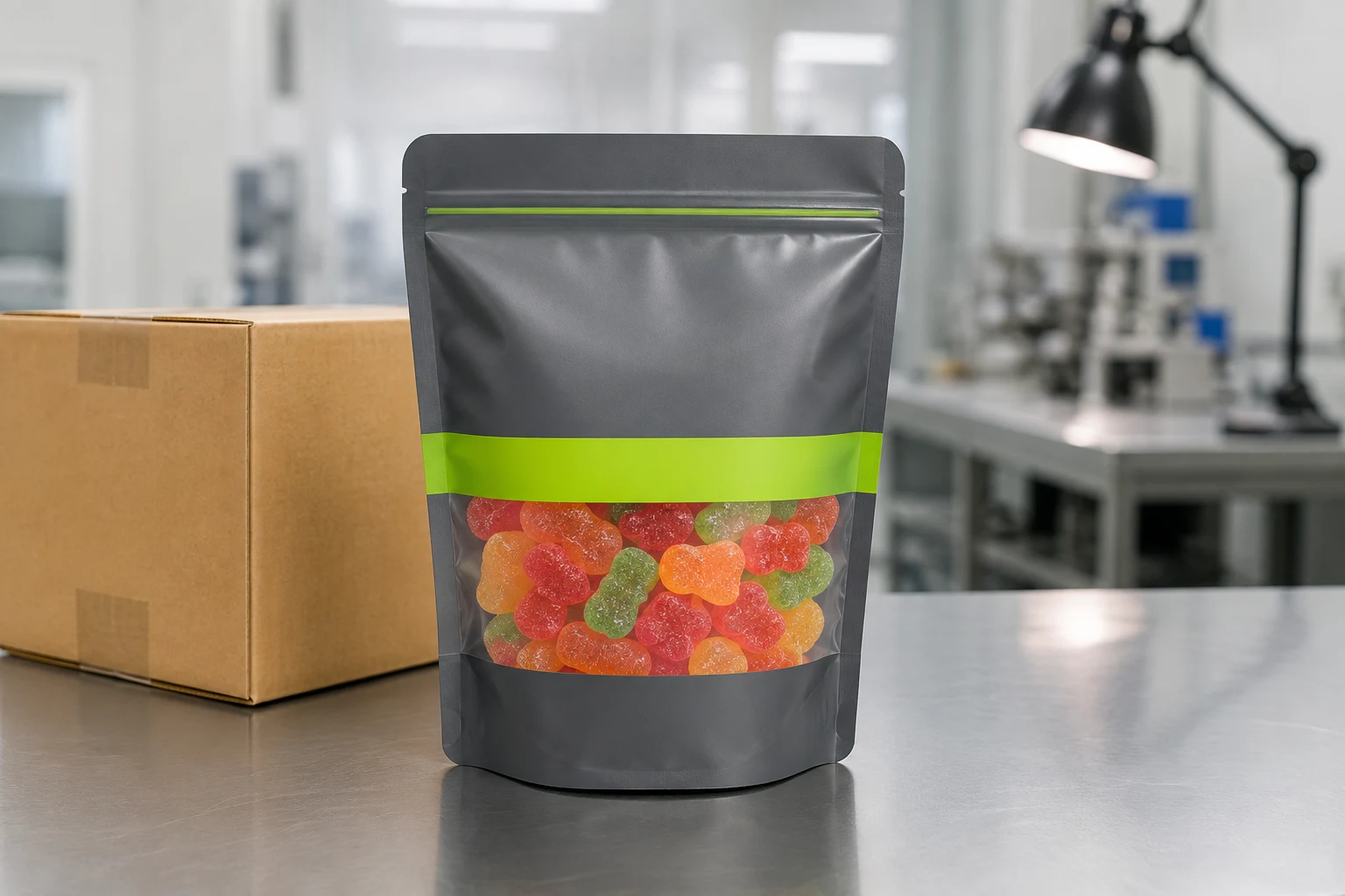 Filled conventional gummy candy stand up pouch reviewed for shipping and display