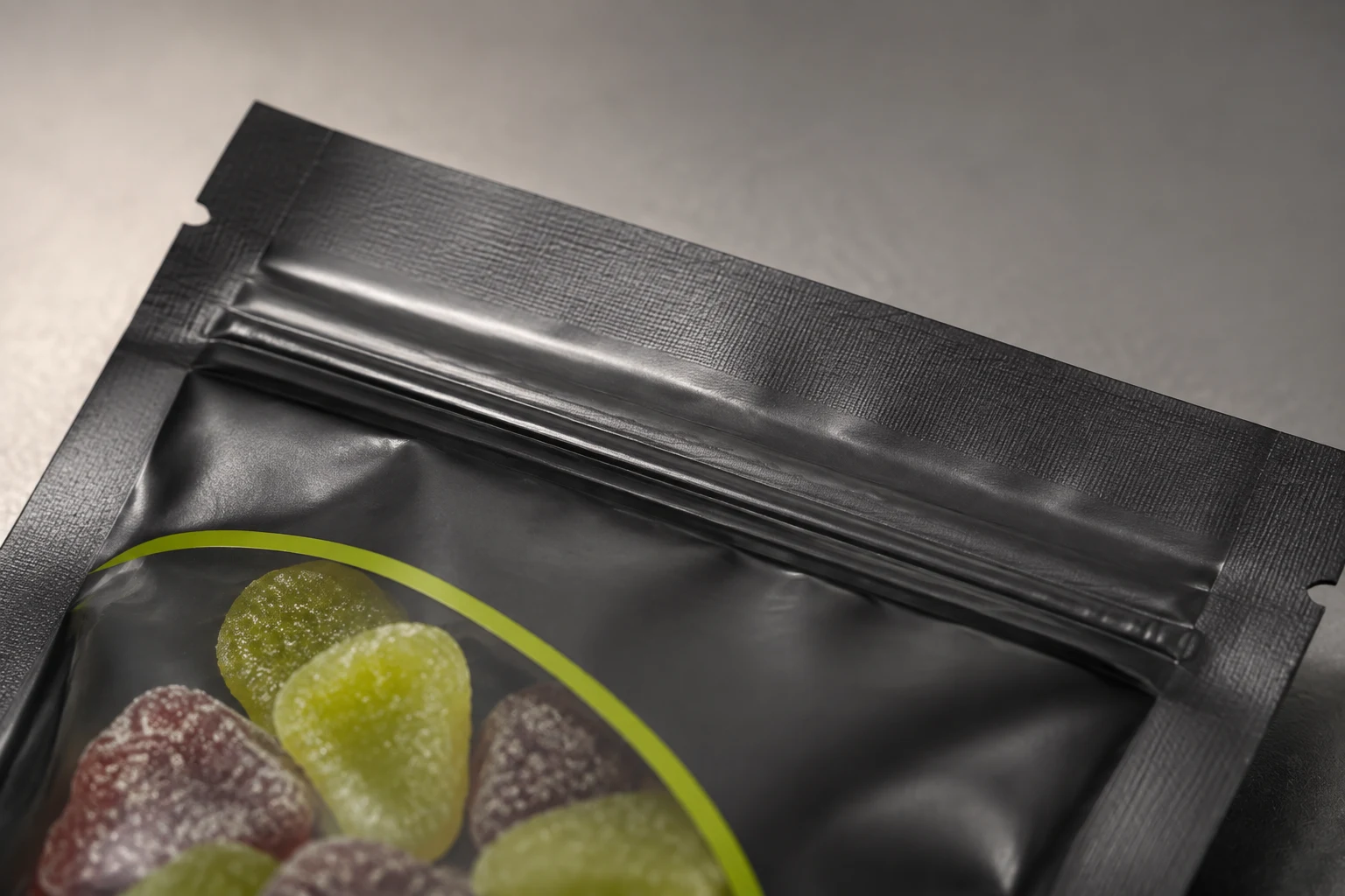 Close quality inspection of a conventional gummy candy pouch zipper and clean top seal