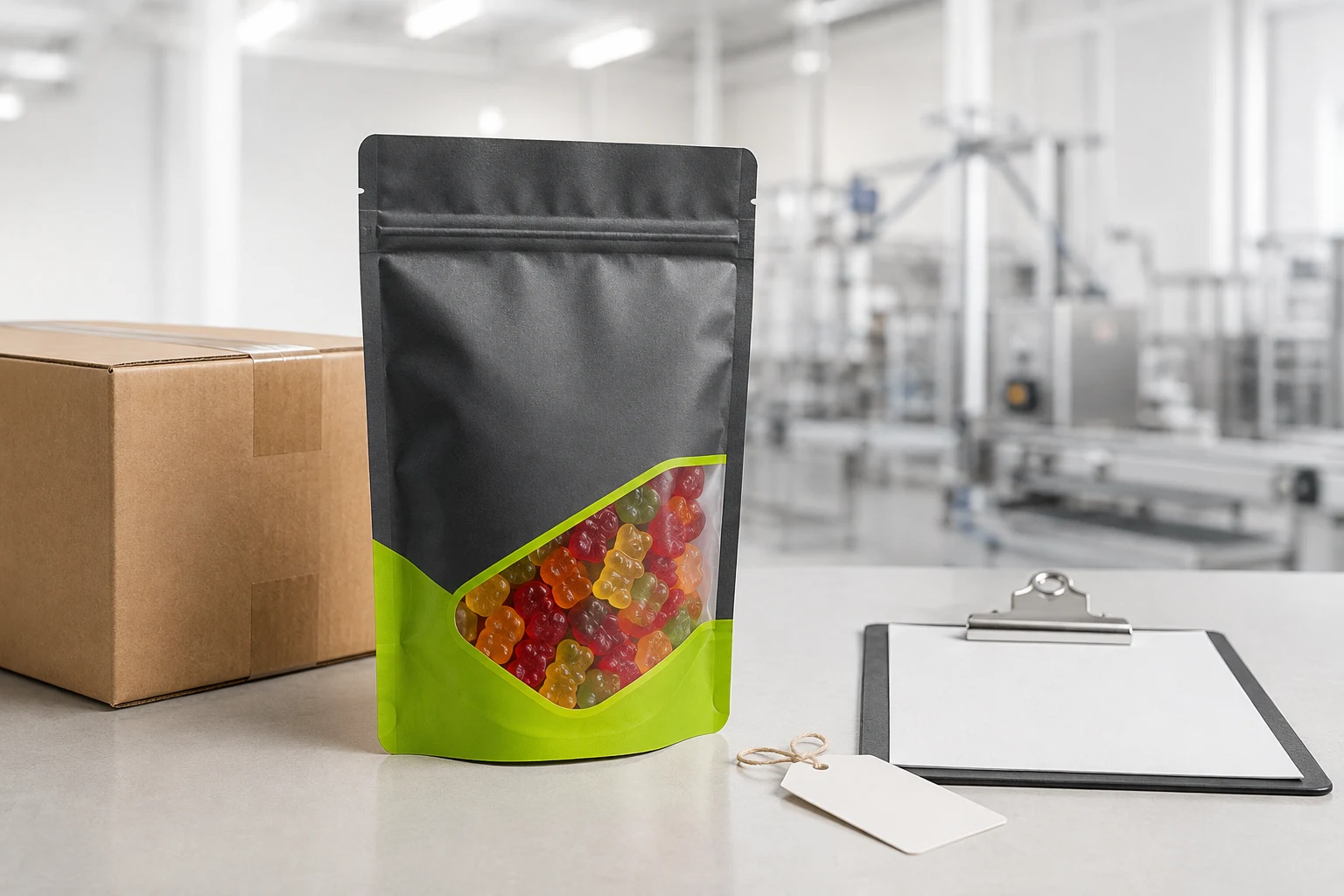 Filled gummy candy pouch beside carton and controlled sample approval checklist