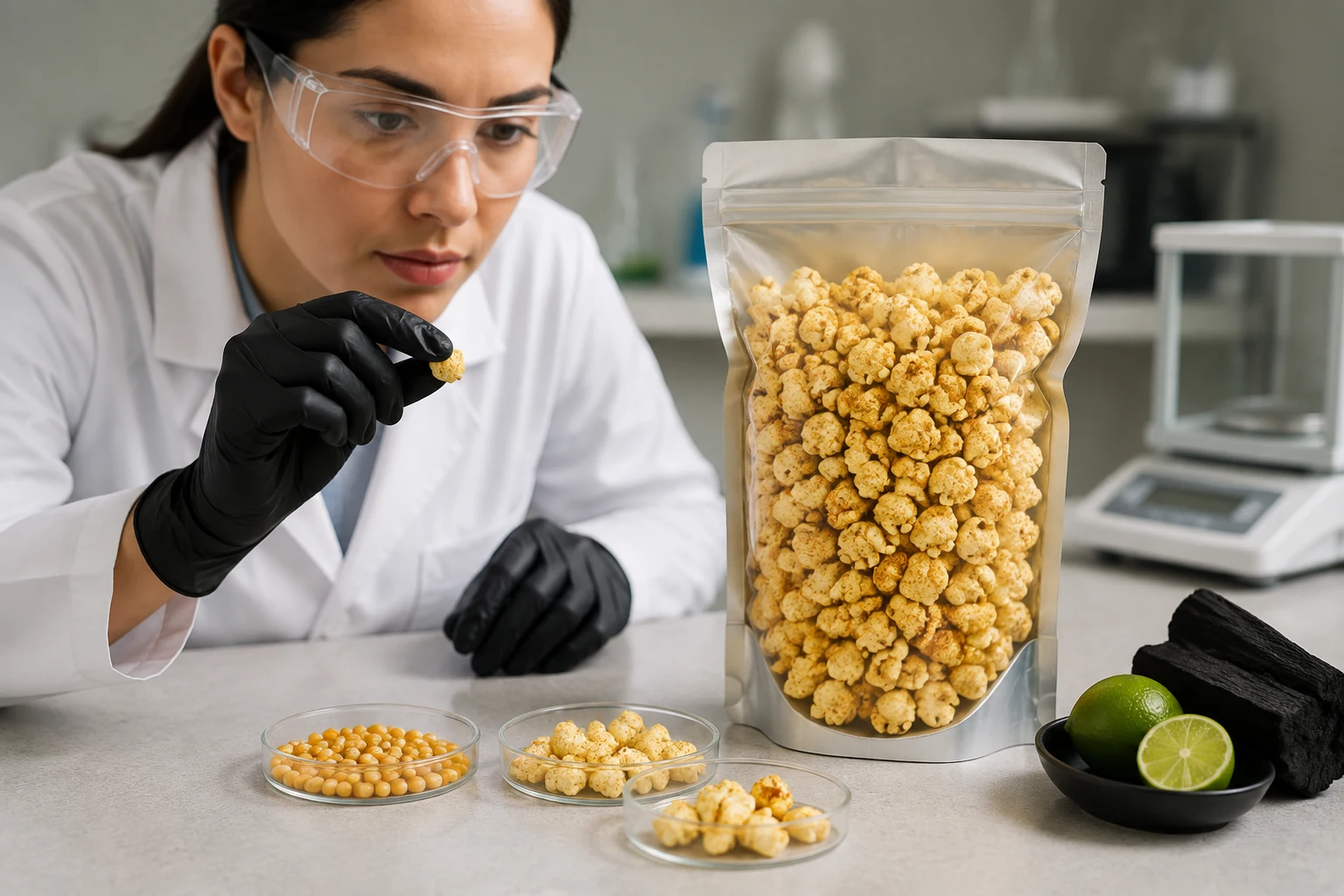 Packaging specialist reviewing filled popcorn pouch height and seal clearance
