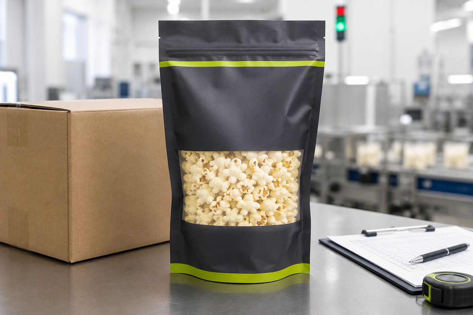 Filled conventional popcorn stand up pouch reviewed for shipping and display