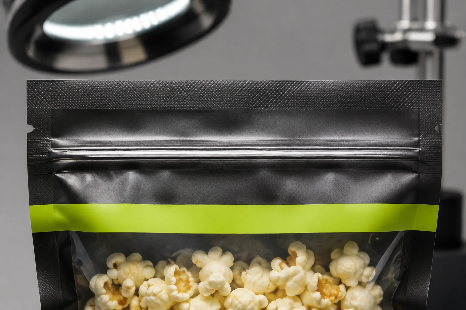 Close quality inspection of a conventional popcorn pouch zipper and clean top seal