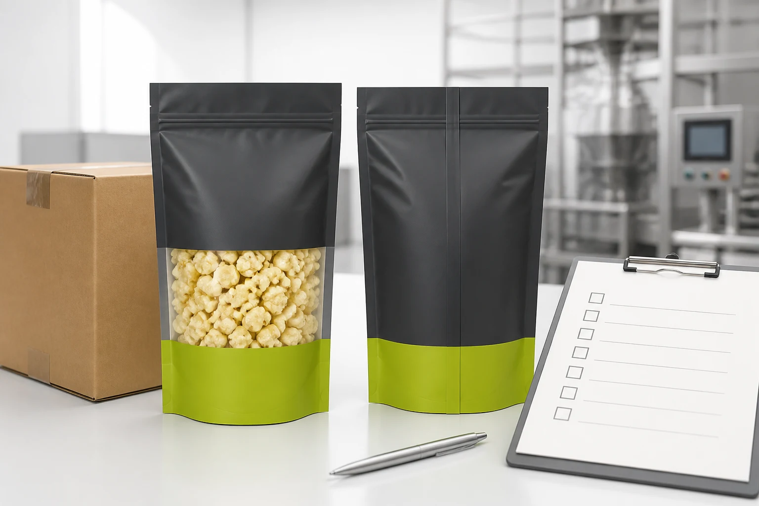 Filled popcorn pouch beside carton and controlled sample approval checklist