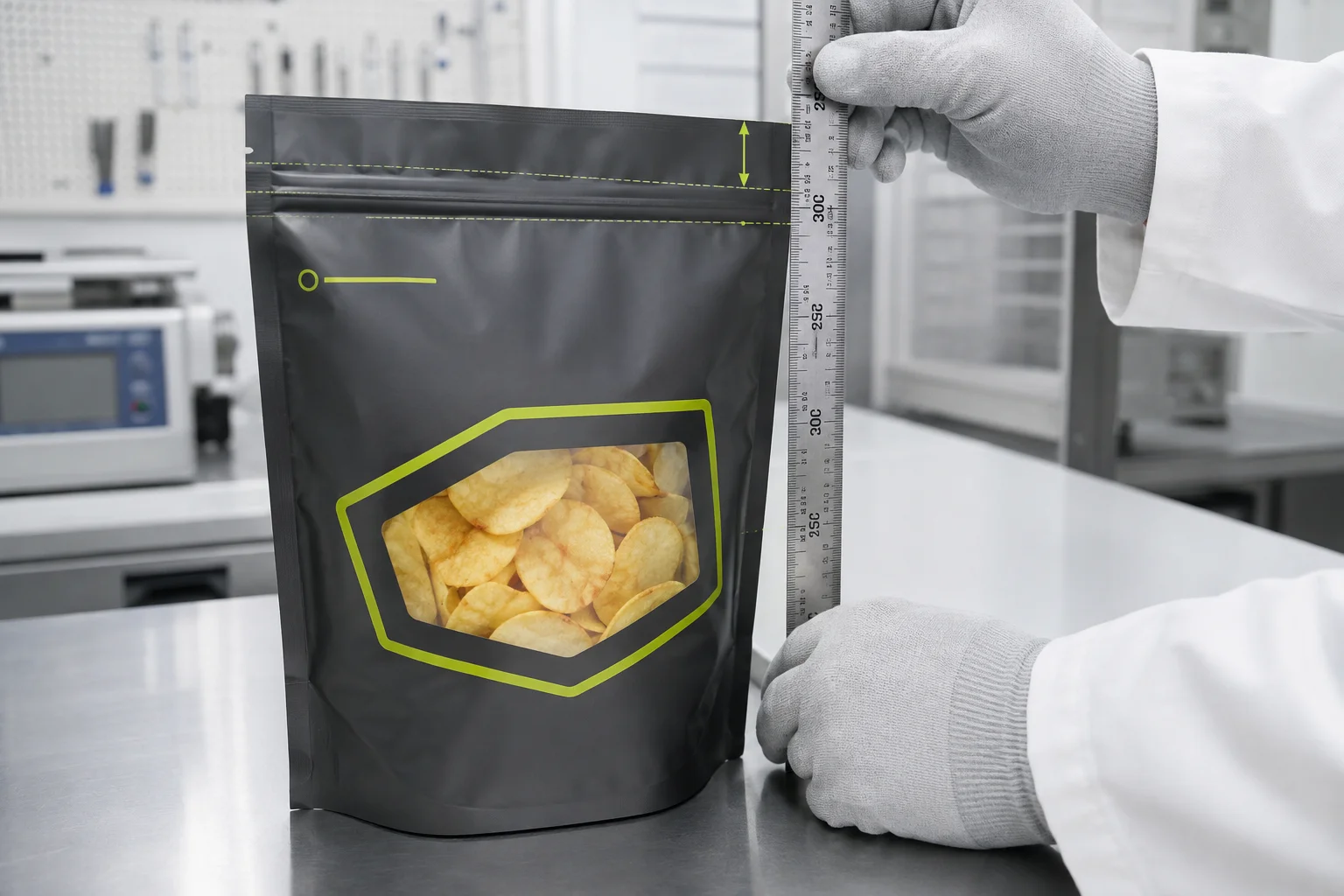 Technician measuring filled potato chip pouch height and top seal clearance